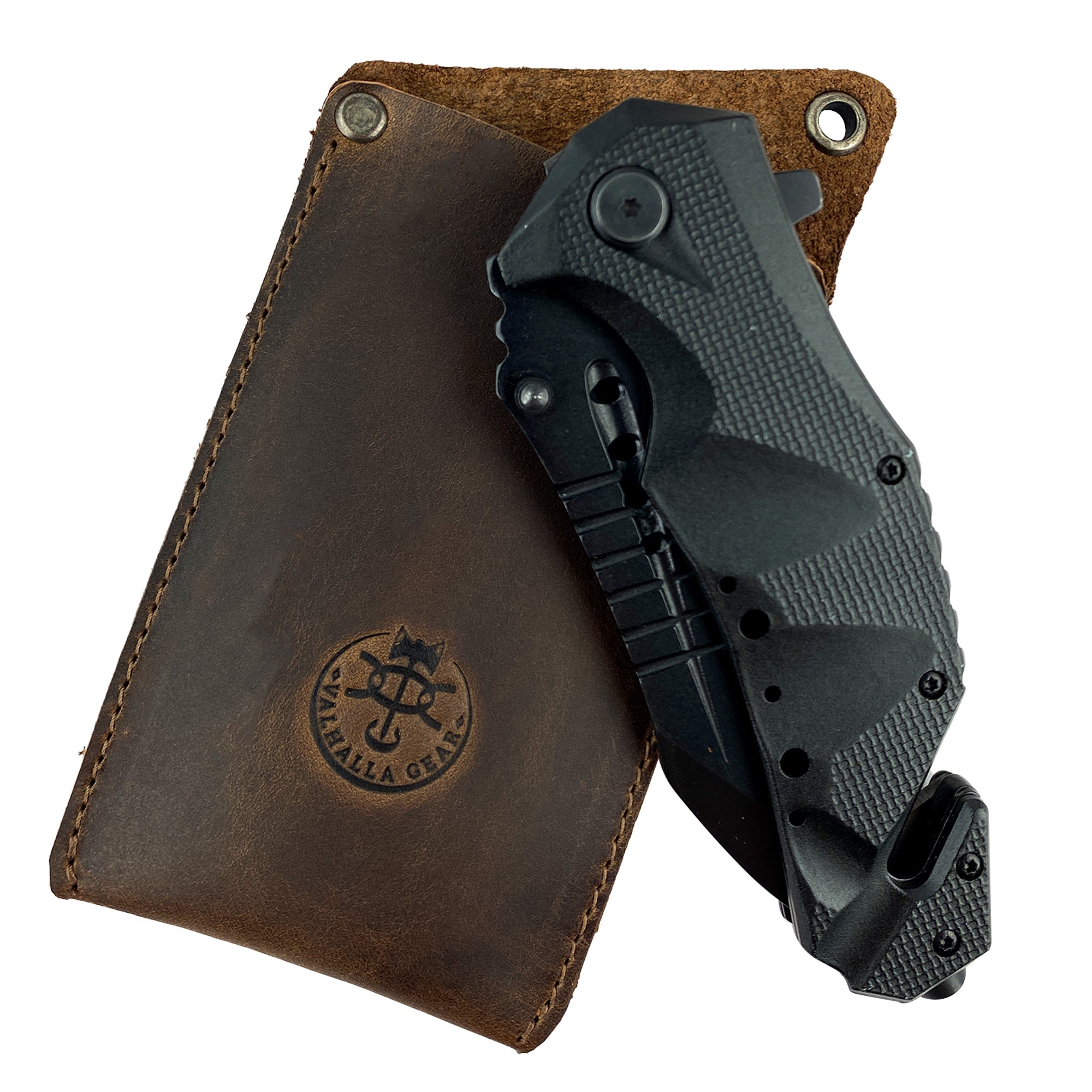 Valhalla Gear EDC Knife Sheath placed alongside a multitool, made from durable full grain leather. This rectangular knife sheath is a perfect vertical holster for multitools, ideal for any camping and outdoor accessories. Crafted in La Antigua Guatemala, every piece is hand cut, hand sewn, and fire branded.