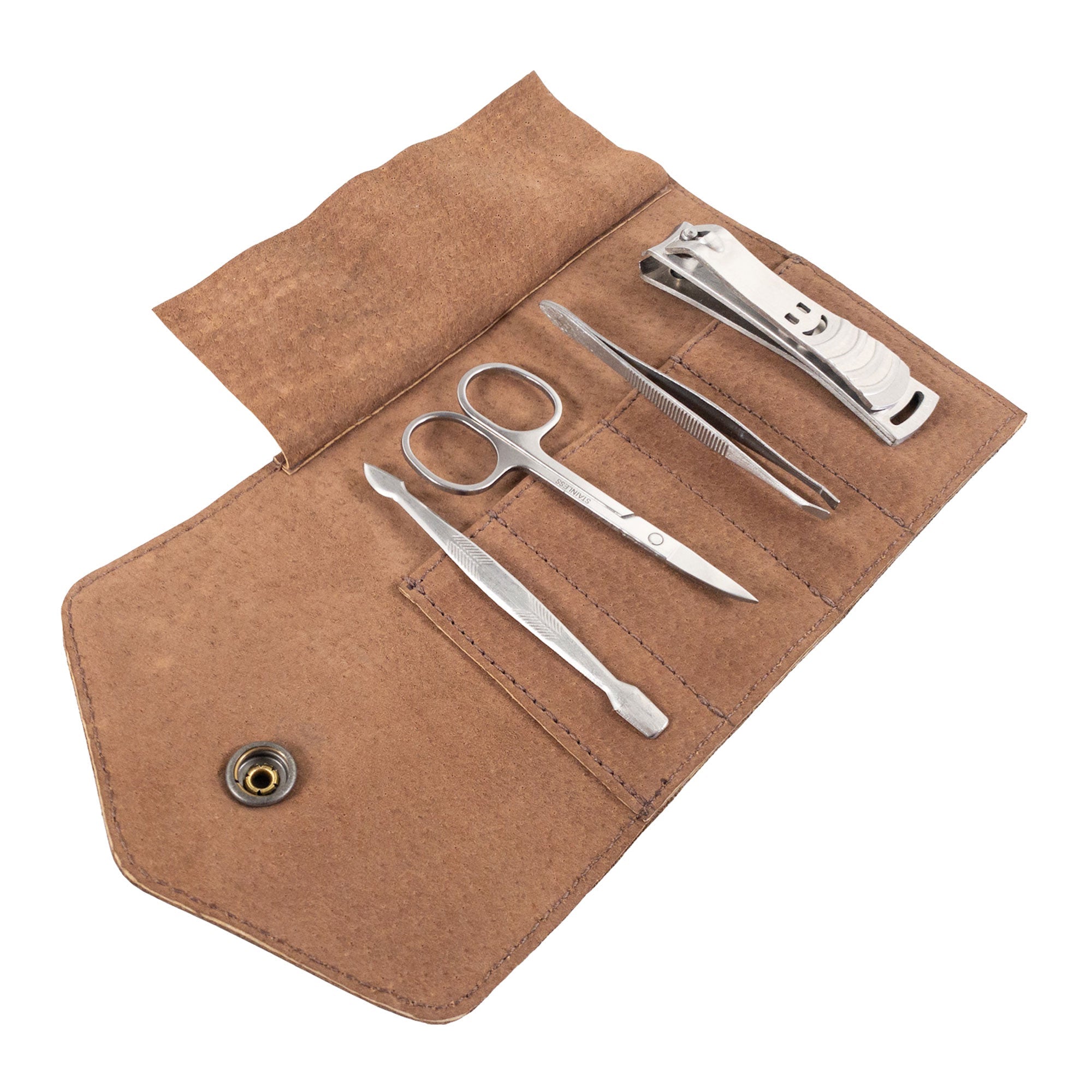 Another interior view of the Nail Clipper Roll Case by The Stockyard Exchange, designed for efficiency and organization. Crafted from Full Grain Leather, this rustic roll serves as a Nail Clipper Set Case and travel accessory. Handmade by artisans in La Antigua Guatemala, emphasizing small batch production and meticulous attention to detail.