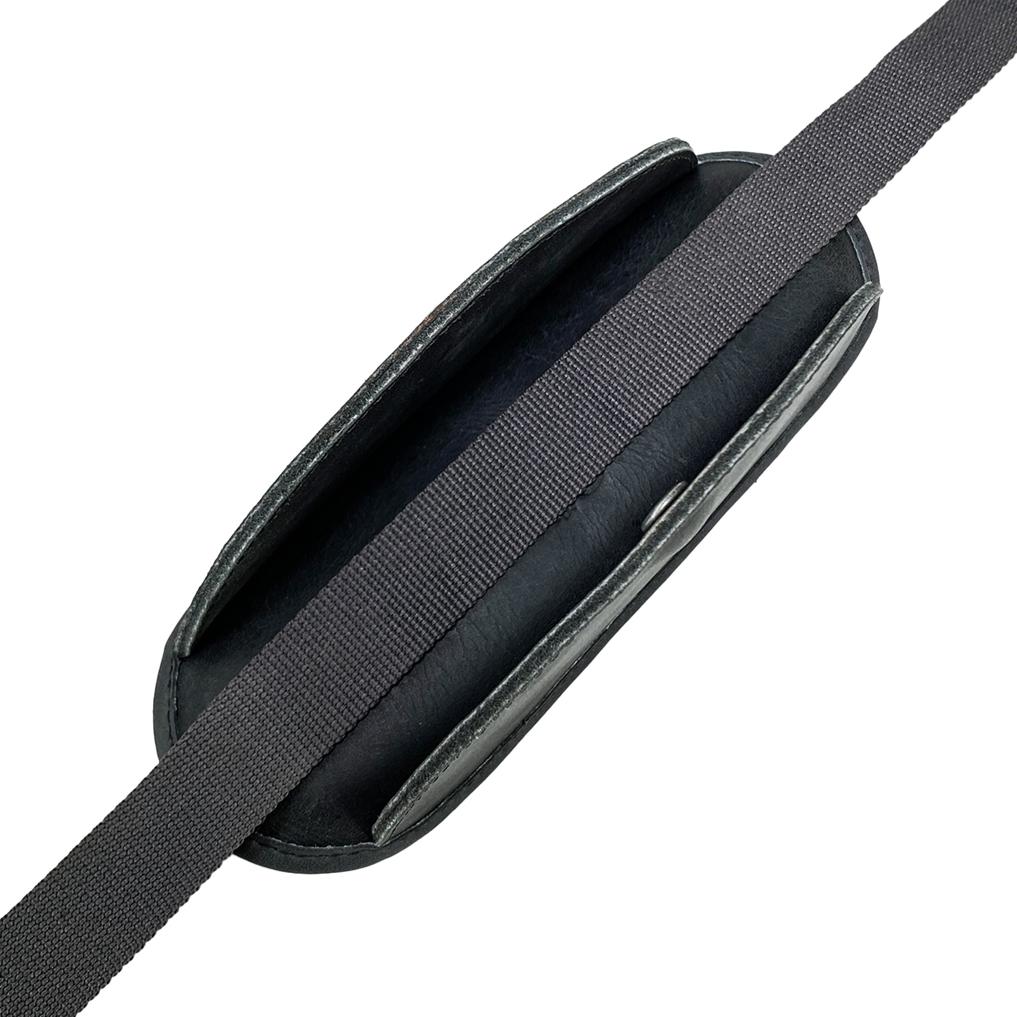 Side profile of the Hide & Drink Shoulder Pad Replacement in sleek black leather, showcasing its functionality for Shoulder Pad Replacement for Briefcases & Messenger Bags, Laptop Cases, Satchels, emphasizing small batch production and artisan craftsmanship from La Antigua Guatemala & Oaxaca Mexico.