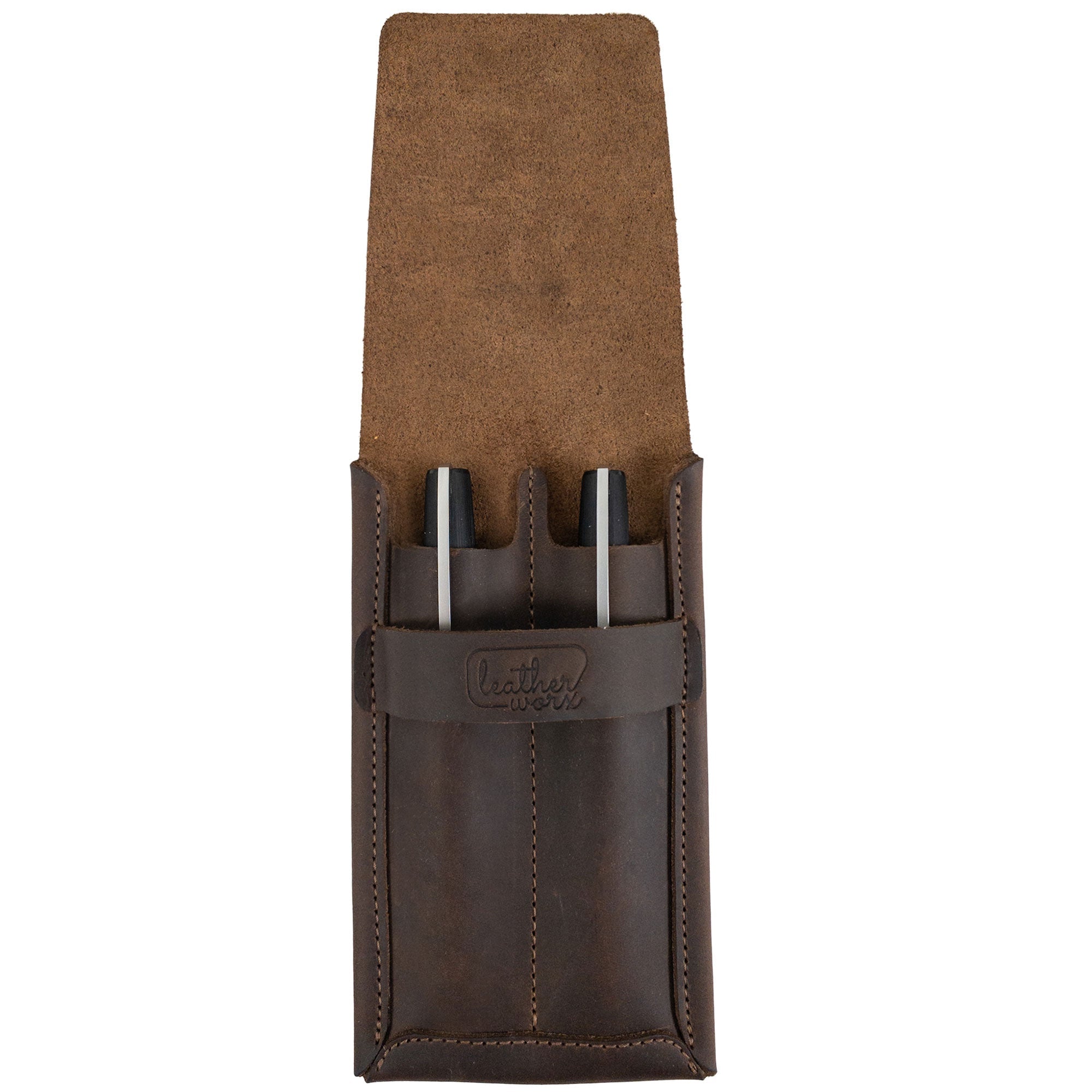 Leather Worx Double Pen Case showcasing its sleek design made from Full Grain Leather, perfect for organizing pens. StockyardX emphasizes Small Batch Production with each piece being Hand Cut and Hand Sewn by artisans. Fire Branded for quality, this Handmade item represents the craftsmanship of La Antigua Guatemala.