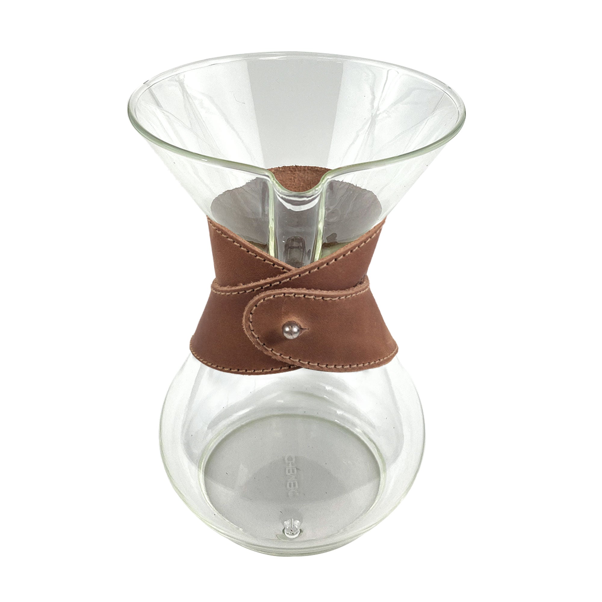 Side view of Hide & Drink Chemex Collar in brown leather that fits a glass coffee maker perfectly. Designed for pour over coffee, compatible with Chemex 6-Cup Glass, handmade by artisans in La Antigua Guatemala & Oaxaca Mexico.