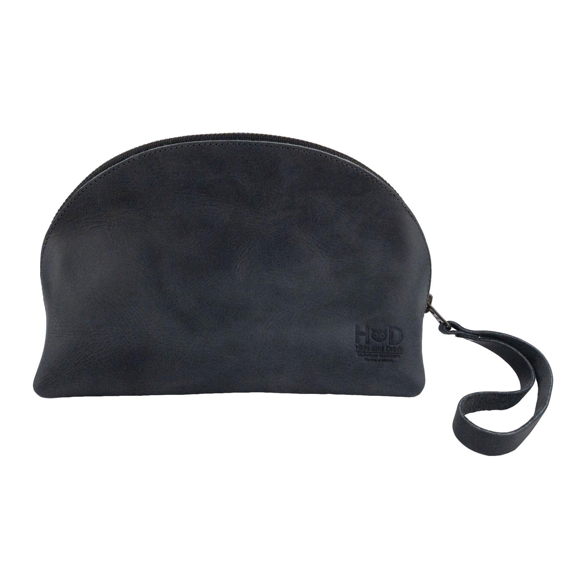 Front view of the Accessory Pouch Organizer Hand Bag from Hide & Drink, made from high-quality black leather. Perfect as a Cosmetic Travel Organizer with Hand Strap for Women, it serves as a stylish Makeup Bag or Classic Handbag, demonstrating small batch production in La Antigua Guatemala & Oaxaca Mexico.
