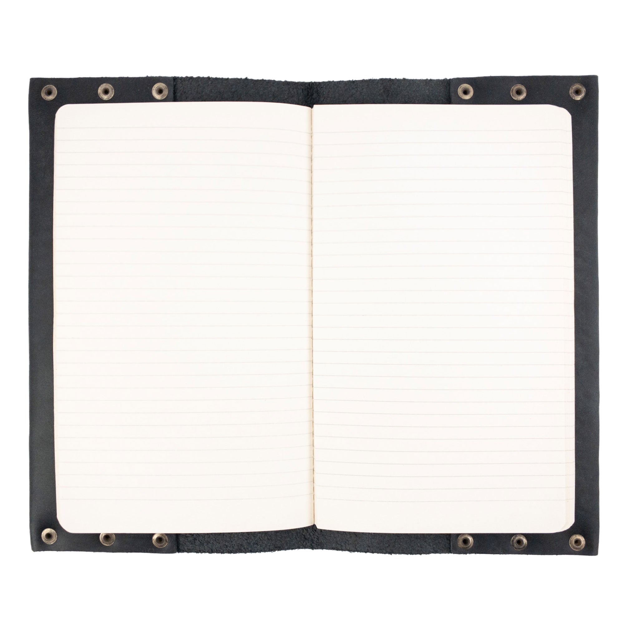 Open view of the Riveted Journal Cover (5 x 8.50 in.) by Hide & Drink, showcasing its classic sleeve design made of full grain leather, ideal for notebooks not included. This artisan piece features a vintage style that highlights small batch production and hand cut craftsmanship, made in La Antigua Guatemala & Oaxaca Mexico.