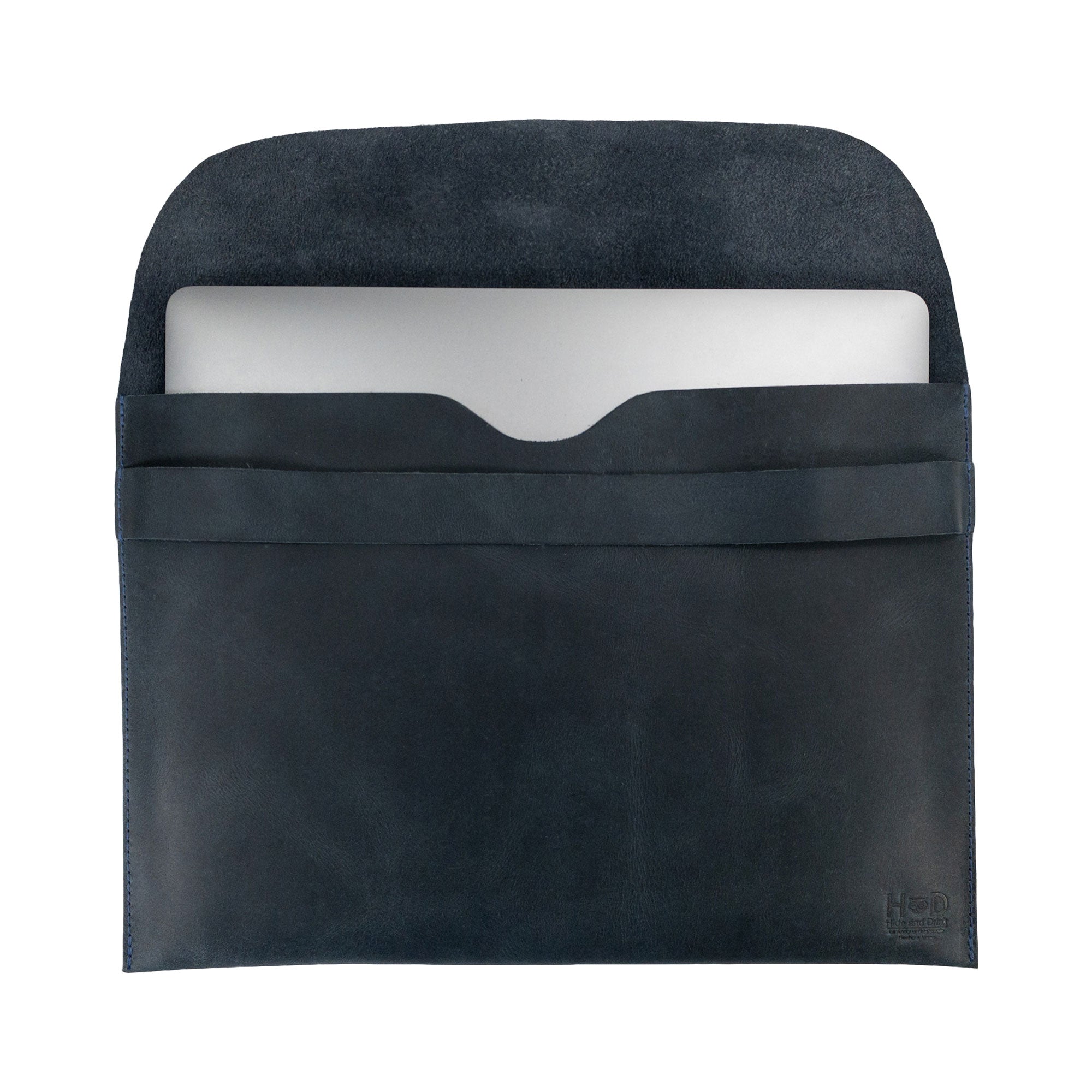 Dimensions of the black Hide & Drink MacBook Slim Case for size reference, showcasing compatibility with laptops. Specifically made for MacBook Air/Pro 13 Inch with M1 Chip, this case demonstrates artisan quality with full grain leather craftsmanship.
