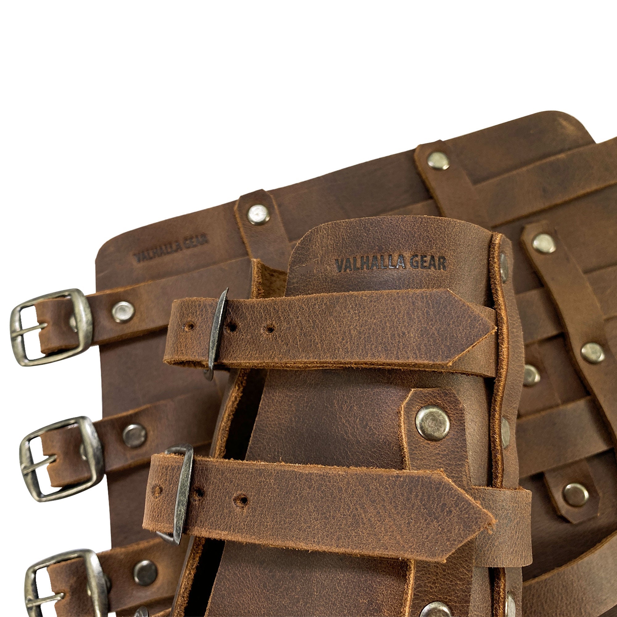 Close-up of the 4 Buckle Bracelet (2 Pack) by Valhalla Gear, highlighting the intricate detailing and adjustable straps. This handmade full grain leather wrist guard serves as a stylish hand protector for archery, reflecting the dedication of StockyardX artisans in La Antigua Guatemala & Oaxaca Mexico.