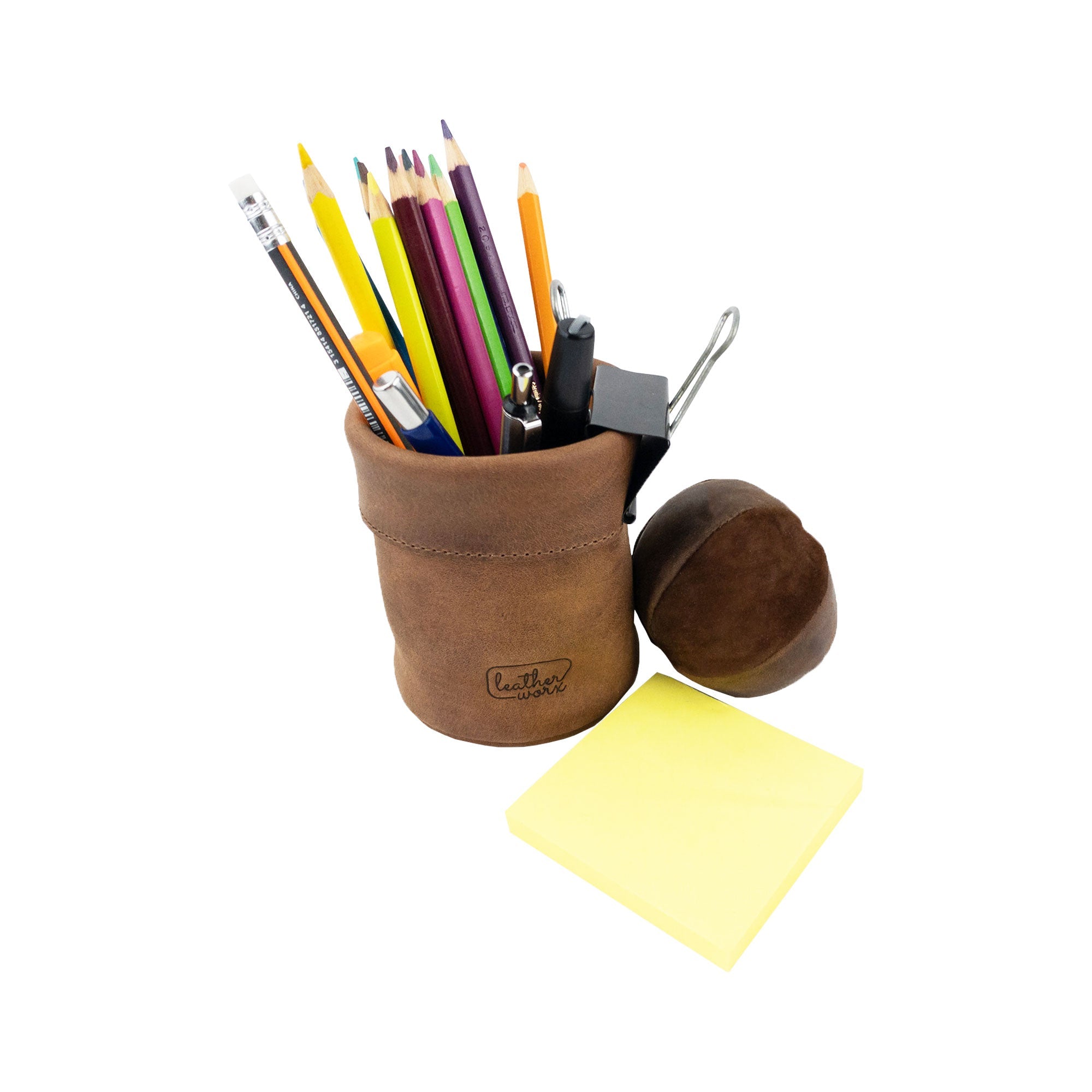 Leather Worx Pen Organizer filled with colorful pens and pencils, perfect for desk organization. This Pen Organizer Cylinder Pencil Holder embodies both style and function, made from Full Grain Leather and reflecting artisan craftsmanship from small batch production in La Antigua Guatemala & Oaxaca Mexico.