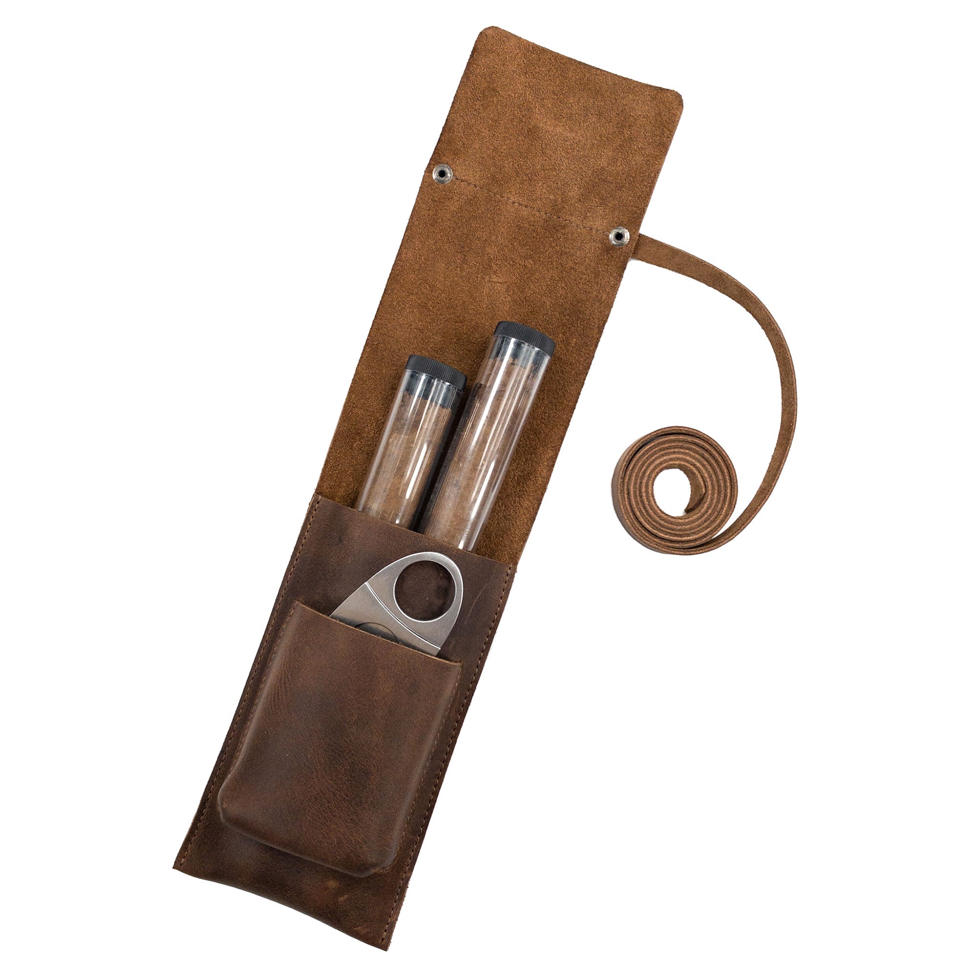 Double Cigar Holder showcased with accessories, crafted in Full Grain Leather by Hide & Drink. Perfect for the discerning cigar lover, this practical yet stylish holder embodies StockyardX’s Small Batch Production, with its hand cut, hand sewn, and fire branded finishing. Each piece is handmade in La Antigua Guatemala & Oaxaca Mexico by skilled artisans.