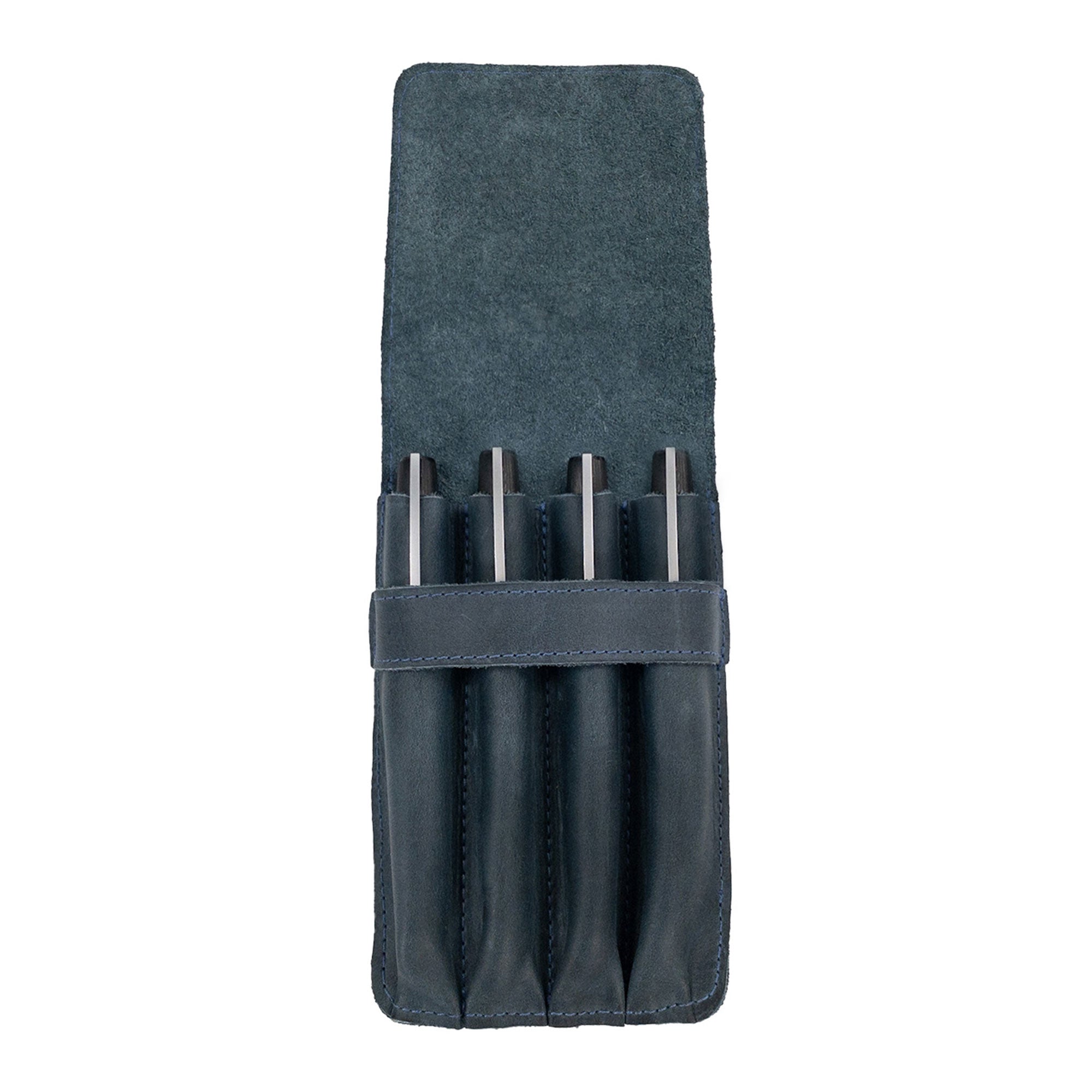 Dimensions of the Leather Worx 4-Pen Holder in navy displayed, emphasizing its functional and stylish minimalist profile. This piece showcases artisan quality, small batch production, and hand sewn craftsmanship, proudly made in La Antigua Guatemala.