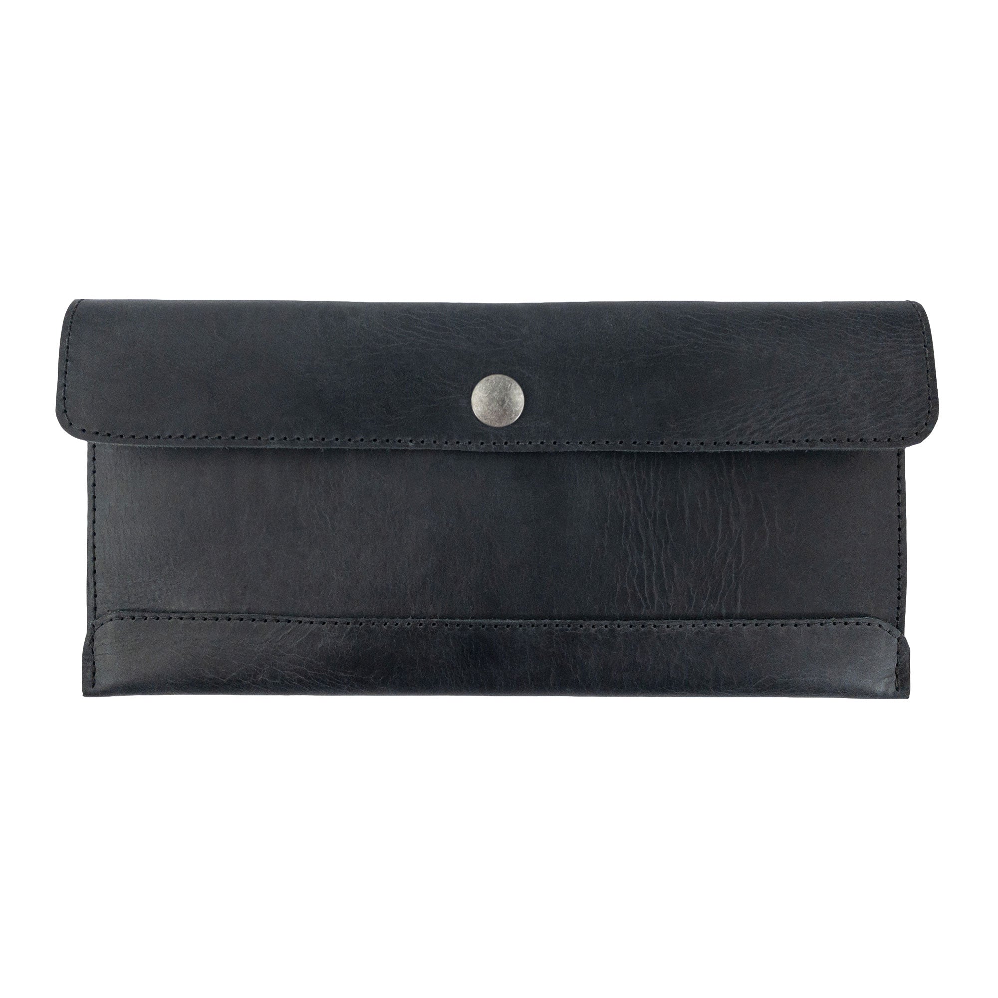 Front view of Hide & Drink's black Travel Hand Wallet, adorned with a stylish button closure, made of Full Grain Leather. A classic Travel Wallet showcasing artisan craftsmanship, made in La Antigua Guatemala & Oaxaca Mexico.