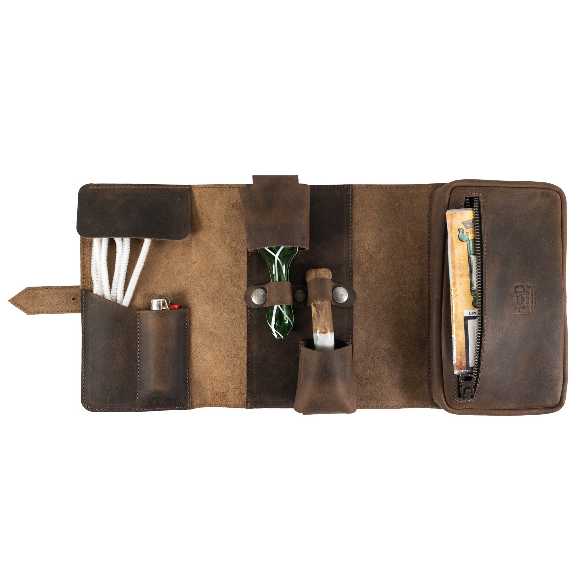Another organizational view of the brown Double Pipe Tobacco Pouch by Hide & Drink, highlighting its handy compartments and Full Grain Leather quality. Artisan crafted in La Antigua Guatemala.