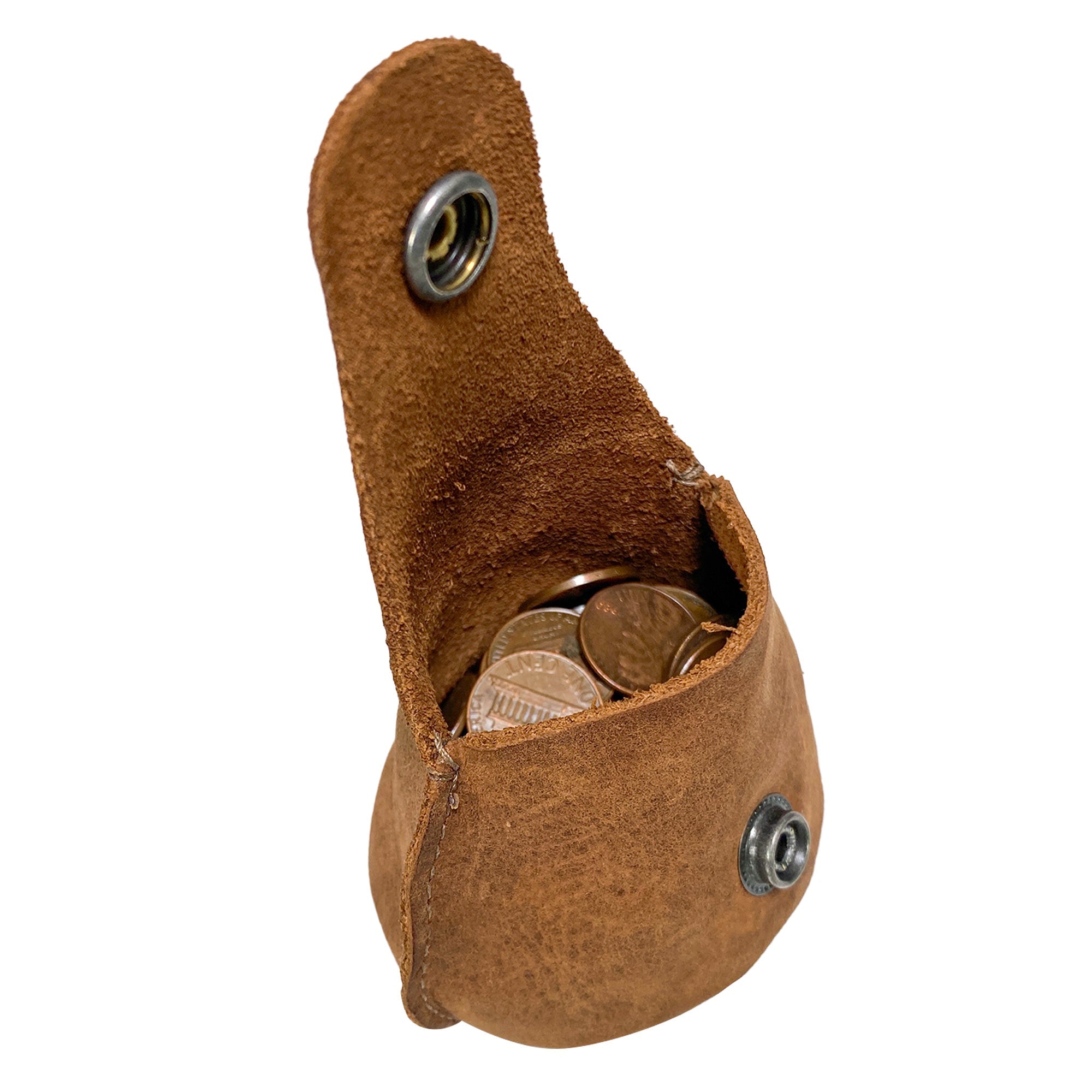 Open view of the Simple Coin Pouch by Hide & Drink, filled with coins to demonstrate its practical use. This well-crafted Full Grain Leather pouch serves as an EarPods Case, SD Card Holder, and Cash Organizer, embodying StockyardX’s commitment to small-batch production with impeccable hand cut and hand sewn details. Handmade in La Antigua Guatemala & Oaxaca Mexico.