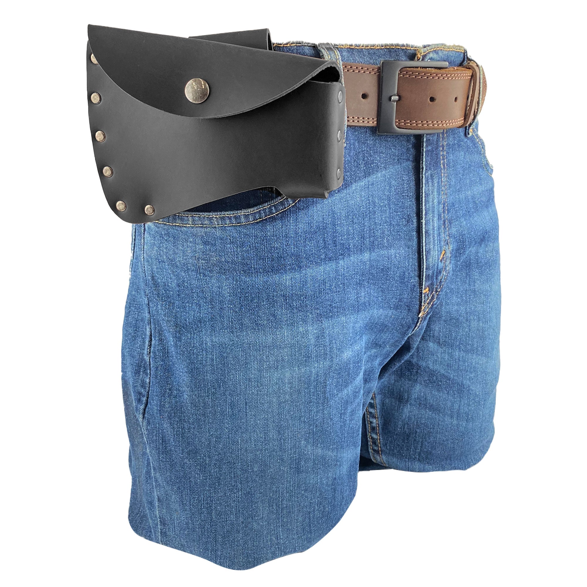 Axe Head Sheath by Valhalla Gear worn on a belt, easily merging practicality and style for any outdoorsman. Axe Head Sheath - Protector Case Cover, Hatchet Blade Safety Sleeve, Camping Accessory, Lumberjack Outdoors Work Essentials, Full Grain Leather, StockyardX, Small Batch Production, Hand Cut, Hand Sewn, Fire Branded, Artisan, Handmade in La Antigua Guatemala & Oaxaca Mexico.