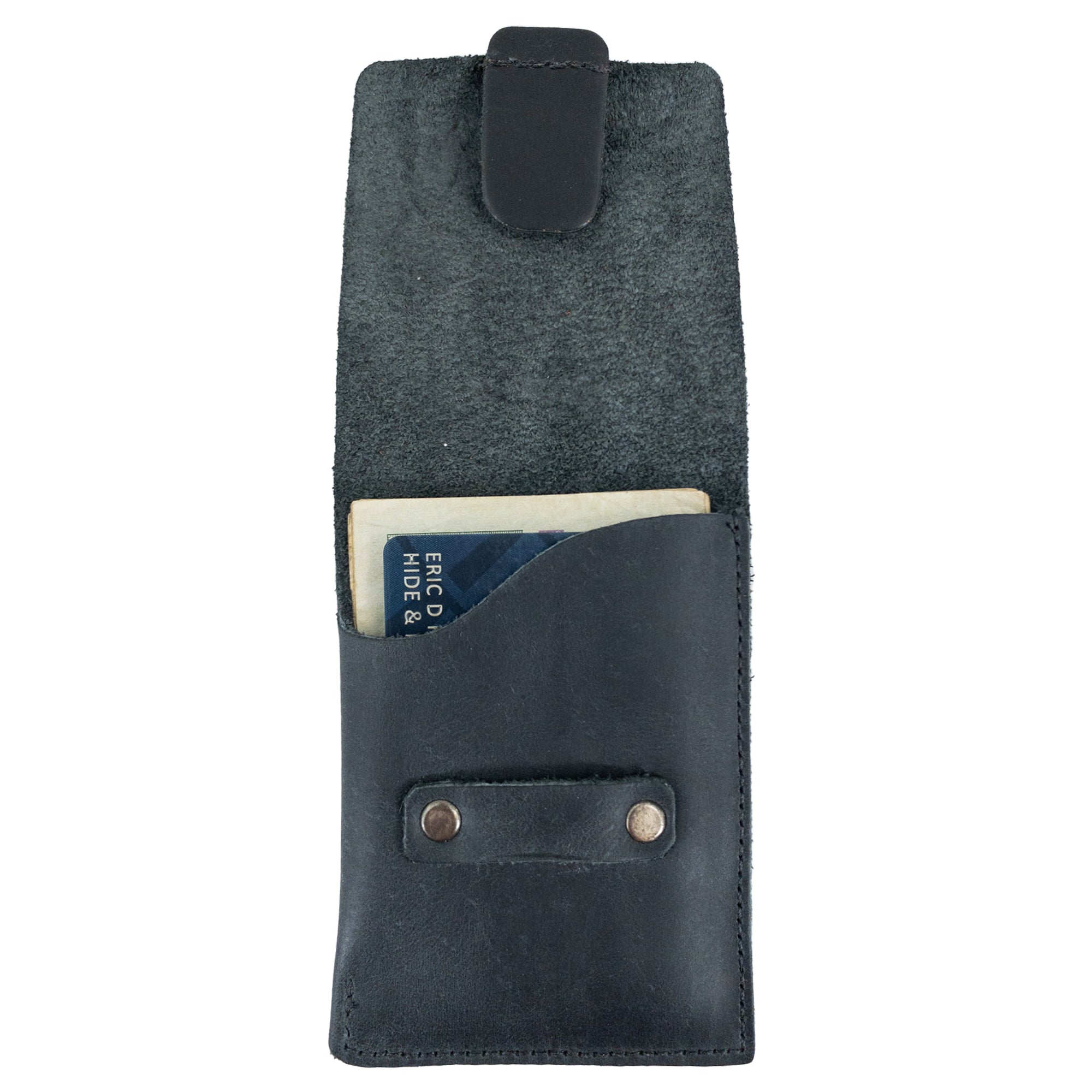 Hide & Drink Slim Card Holder showing cash compartment, practical design for holding up to 4 cards plus folded bills. This full grain leather wallet is artisan handmade, showcasing the heritage of La Antigua Guatemala in small batch production.
