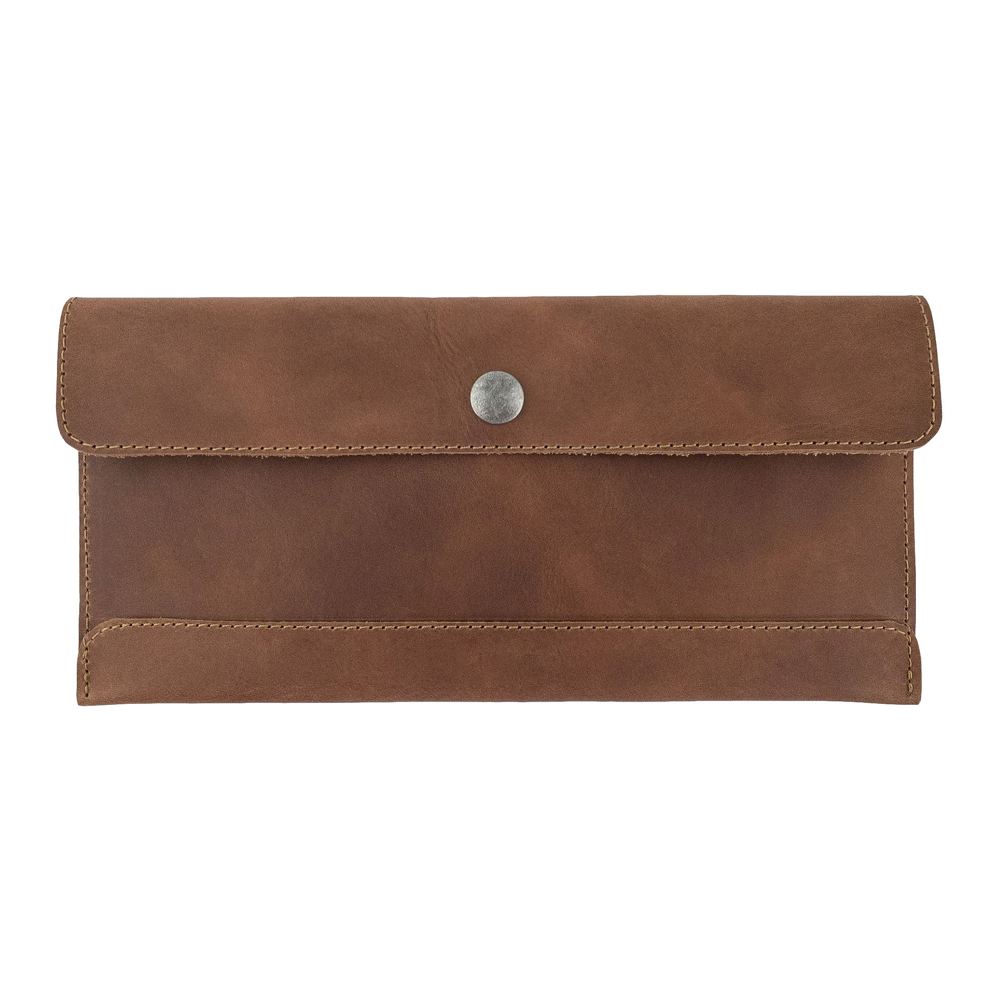 Front view of Hide & Drink's brown Travel Hand Wallet, featuring a stylish button closure and rich texture in Full Grain Leather. This elegant Travel Wallet is artisan-made through meticulous Small Batch Production in La Antigua Guatemala & Oaxaca Mexico.