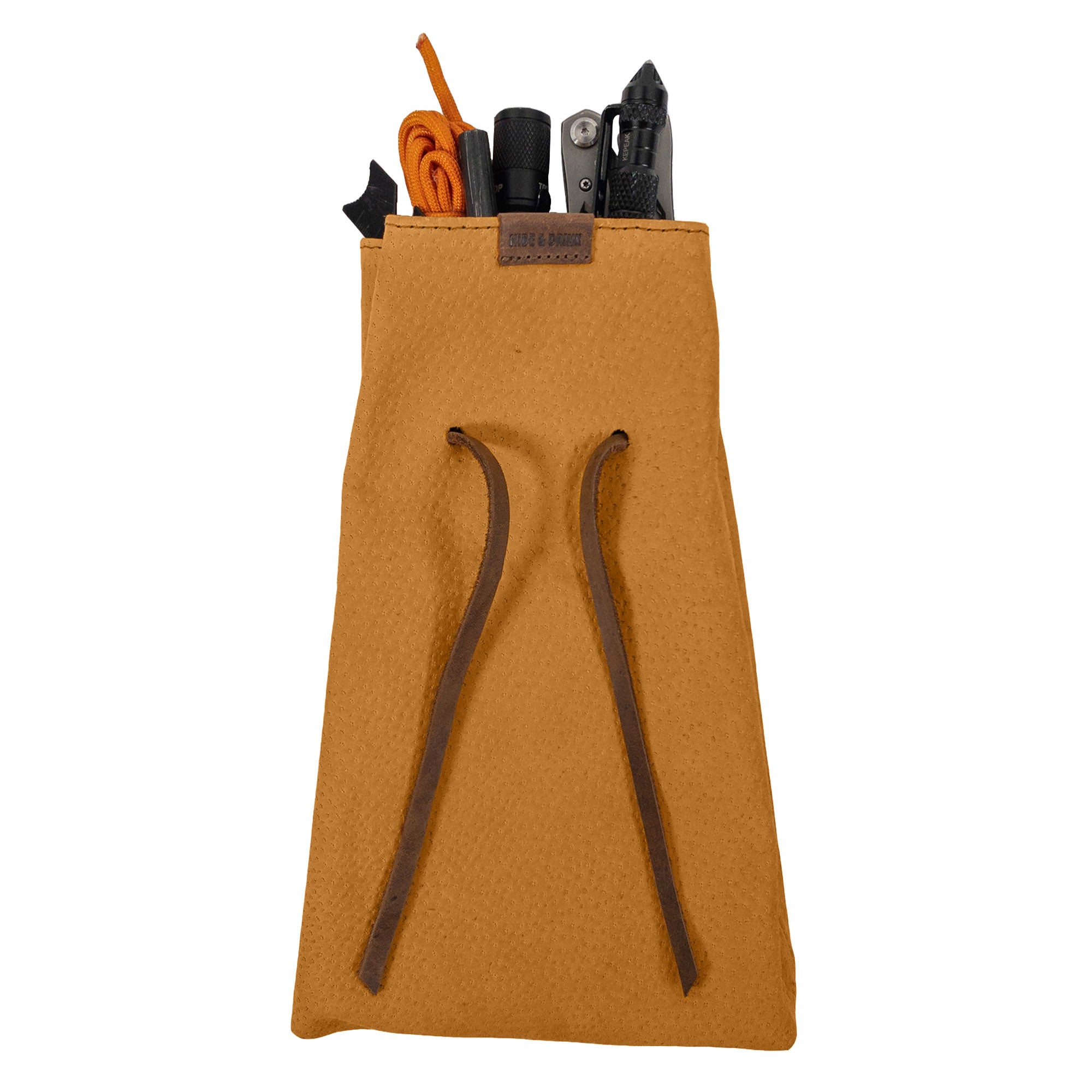 A beautifully structured Hide & Drink's Drawstring Sack (2 pack) highlighting both form and function for secure storage. Drawstring Sack (2 pack) Handmade from Sheepskin and Full Grain Leather, StockyardX, Small Batch Production, Hand Cut, Hand Sewn, Fire Branded, Artisan, Handmade in La Antigua Guatemala & Oaxaca Mexico.