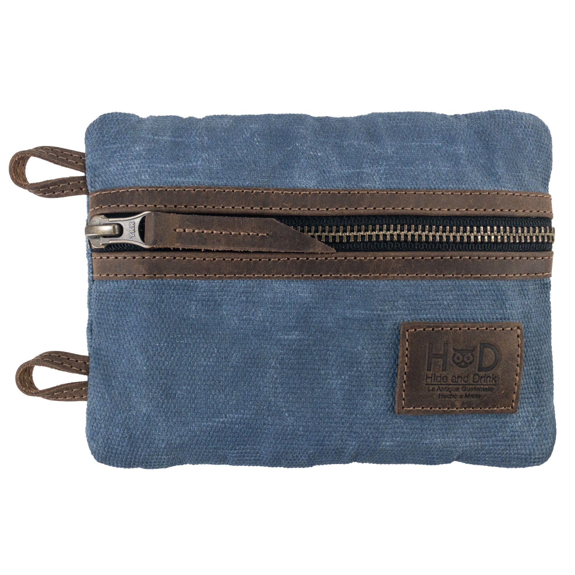 Back view of the blue Multi-tool Pocket Pouch - XL by Hide & Drink featuring unique sleeve pockets for organization while highlighting craftsmanship. Multi-Tool Pocket Pouch XL, Compact Multipurpose EDC Zippered Bag, Mini Camping Tool Case, Knife Holster, Handmade Slim Organizer, Waxed Canvas, StockyardX, Small Batch Production, Artisan, Handmade in La Antigua Guatemala & Oaxaca Mexico.