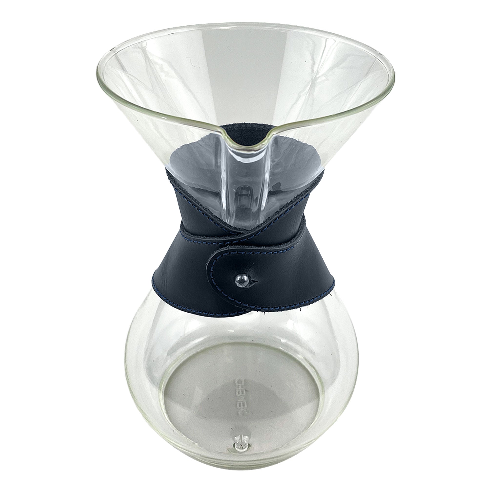 Side image of Hide & Drink Chemex Collar in navy leather emphasizing its durability and fit for a glass coffee maker. Designed for pour over coffee, compatible with Chemex 6-Cup Glass and handmade in La Antigua Guatemala & Oaxaca Mexico.