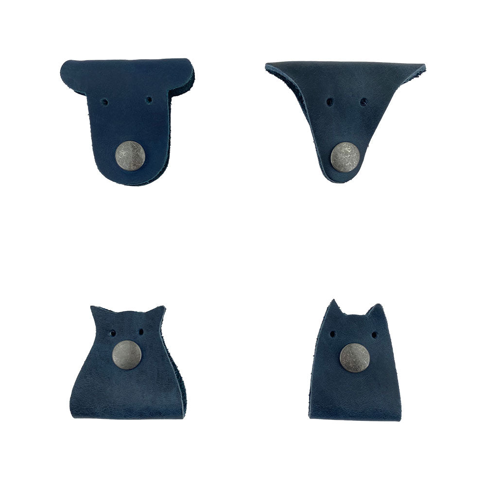 Furry Friends Cord Keeper (4-Pack) featuring adorable animal shapes, made of durable full grain leather by Hide & Drink, great for organizing cables. Furry Friends 4-Pack Cord Keeper (Cord Clam), Full Grain Leather, StockyardX, Small Batch Production, Hand Cut, Hand Sewn, Fire Branded, Artisan, Handmade in La Antigua Guatemala & Oaxaca Mexico.