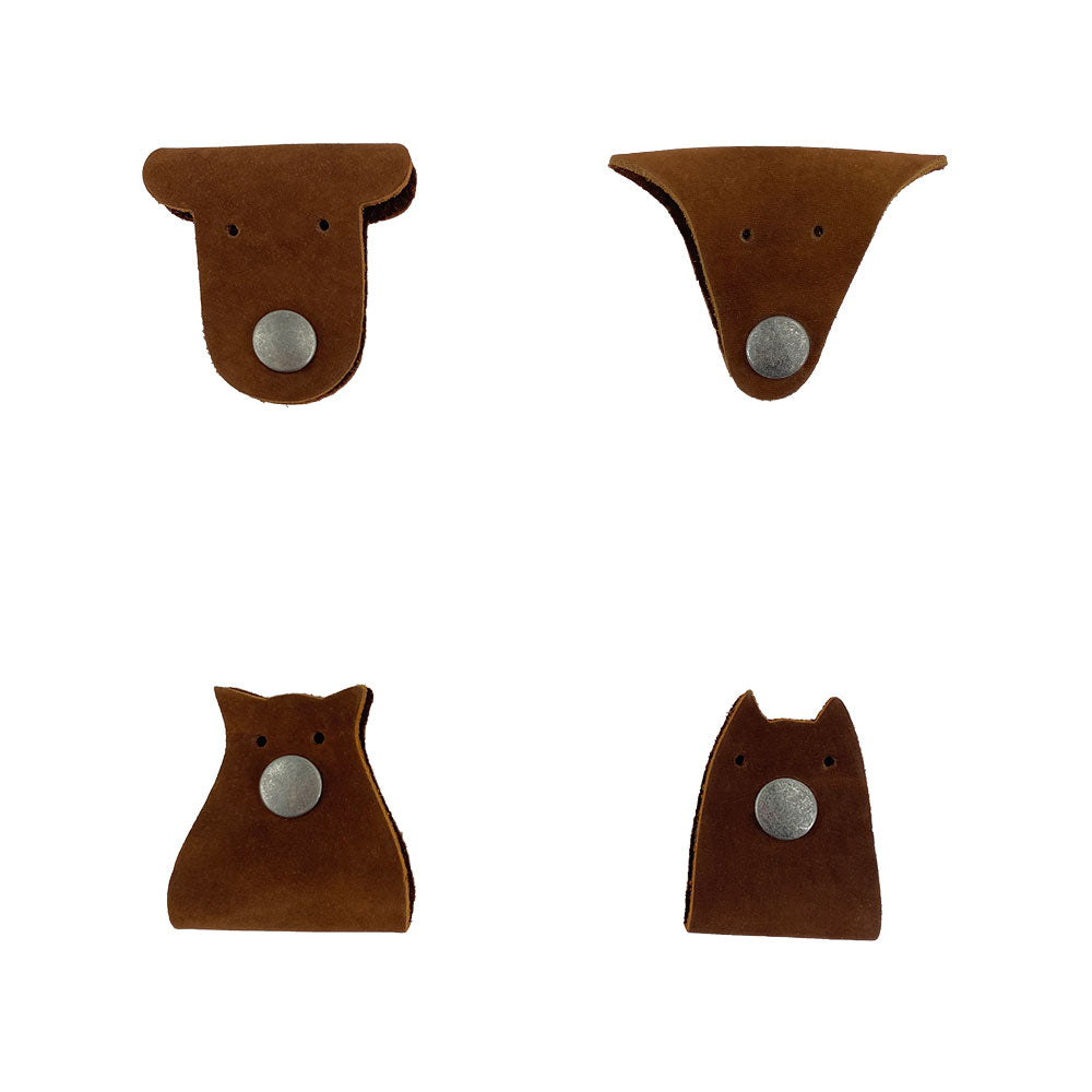 Furry Friends Cord Keeper (4-Pack), featuring animal designs, crafted with Full Grain Leather by Hide & Drink, great for organizing cables. Furry Friends 4-Pack Cord Keeper (Cord Clam), Full Grain Leather, StockyardX, Small Batch Production, Hand Cut, Hand Sewn, Fire Branded, Artisan, Handmade in La Antigua Guatemala & Oaxaca Mexico.