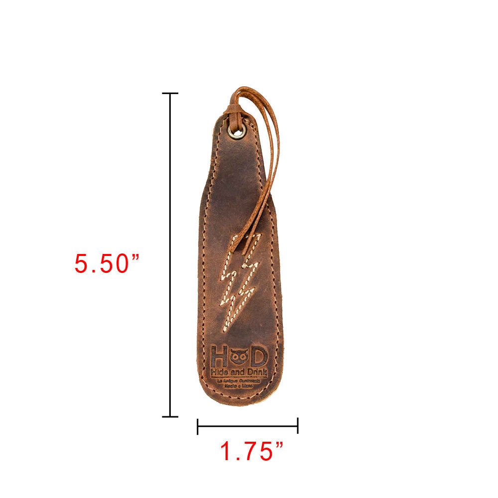 Hide & Drink Bookmark Stitched Designs (2 Pack) dimensions feature a Thunder Potter Design and illustrate the sizes alongside Full Grain Leather materials. Perfect for bookworms, the bookmarks are hand cut and hand sewn, showing off artisan craftsmanship made in La Antigua Guatemala & Oaxaca Mexico.