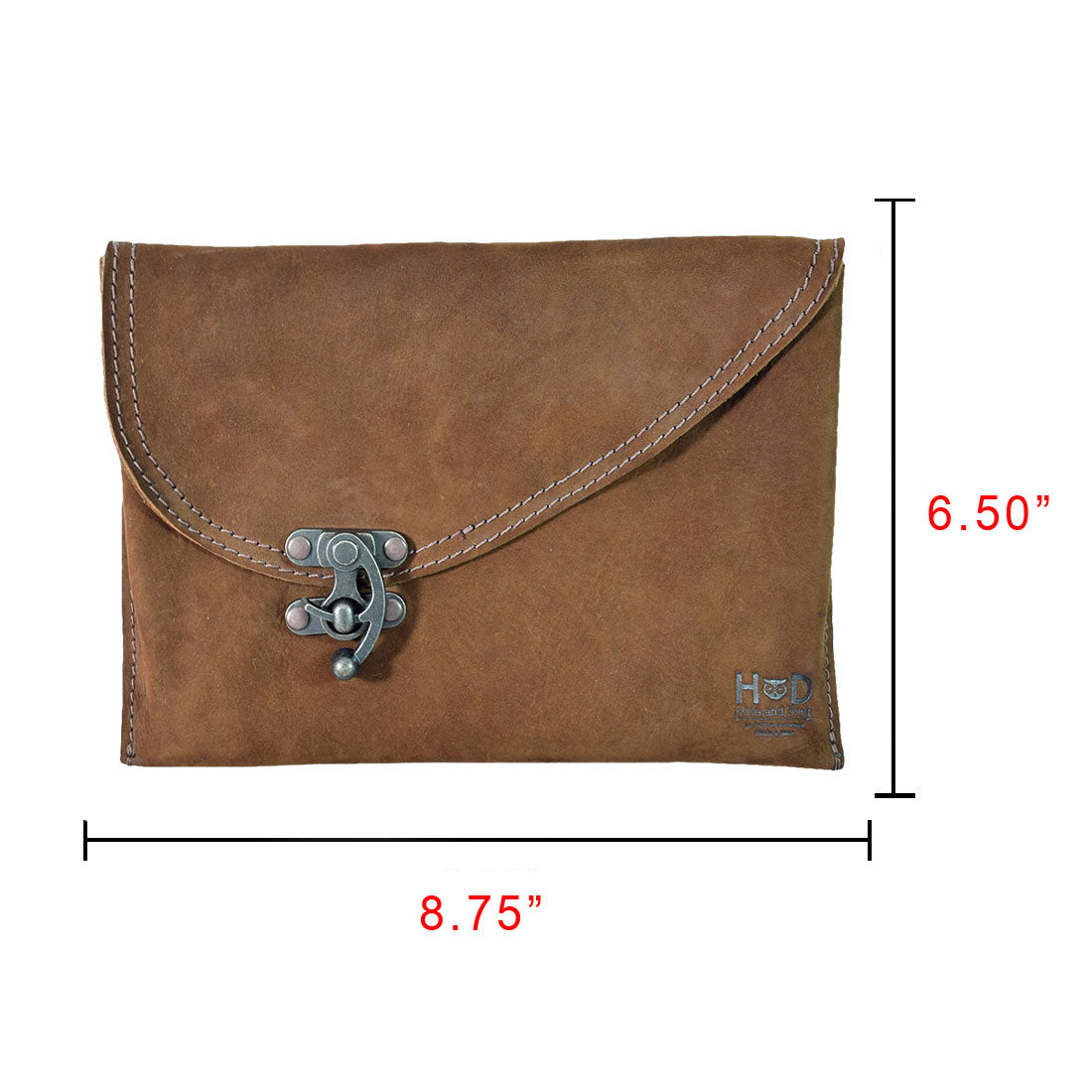 Dimensions of a brown Vintage Clutch Bag by Hide & Drink, made from premium Full Grain Leather. A carefully crafted artisan bag, showcasing handmade quality from La Antigua Guatemala.