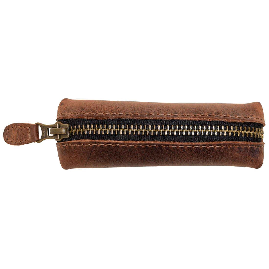 Top view of the Hide & Drink Long Coin Organizer, a sleek zippered case that doubles as a Long Coin Case and Cash Holder. Its compact design makes it a Rustic Case for Pennies or a Vintage Zippered Pouch suitable for travel. Made from full grain leather, this accessory showcases Small Batch Production, Hand Cut, Hand Sewn construction, and Fire Branded detail by artisans from La Antigua Guatemala & Oaxaca Mexico.