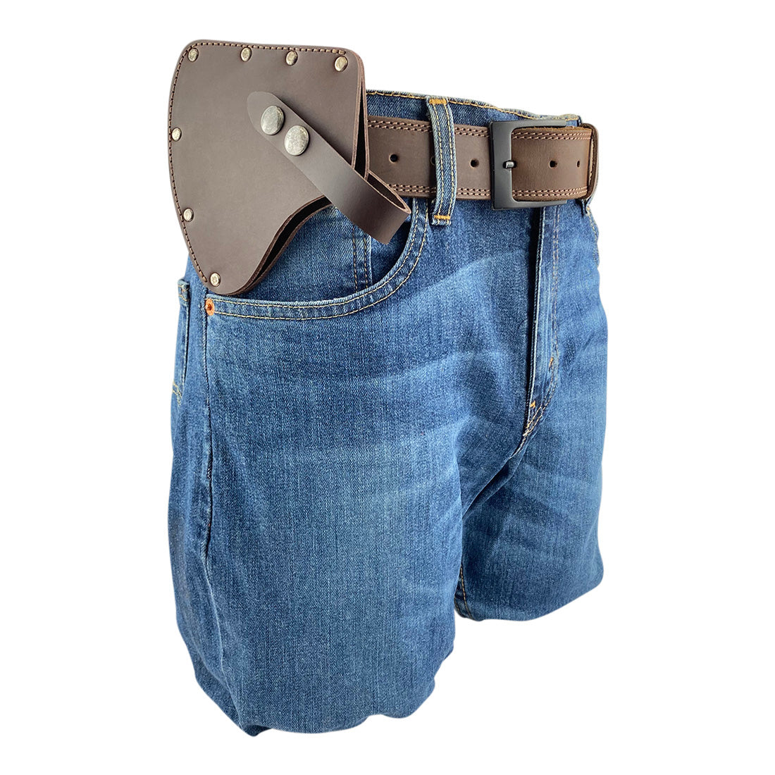 A unique display of the Valhalla Gear Camper Axe Head Sheath for men, demonstrating its stylish design and functionality as a protector case. Made from premium full grain leather, this hatchet blade safety sleeve is a crucial camping accessory, crafted artisanally in La Antigua Guatemala for outdoor lovers.