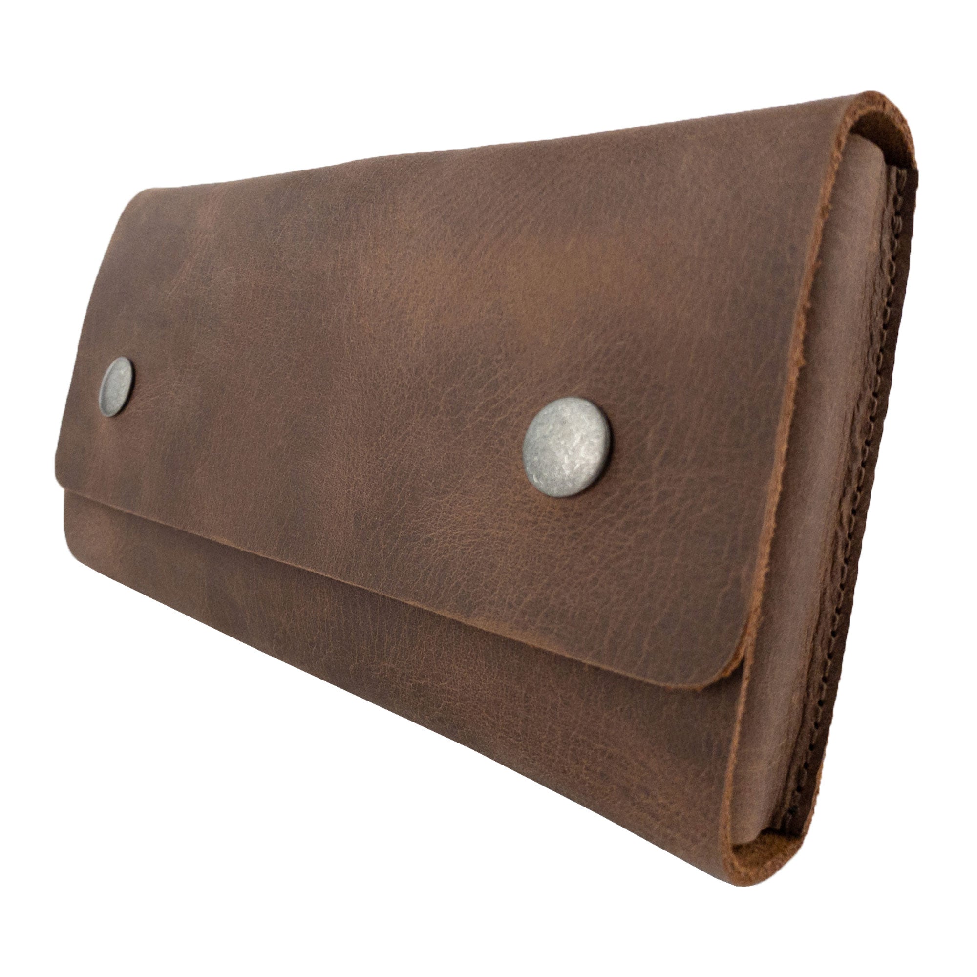 Side view of the Hide & Drink Playing Card Case, highlighting the sturdy construction and Full Grain Leather. This card bag is designed for organizing and storing playing cards for poker games, showcasing artisanal craftsmanship from La Antigua Guatemala & Oaxaca Mexico.
