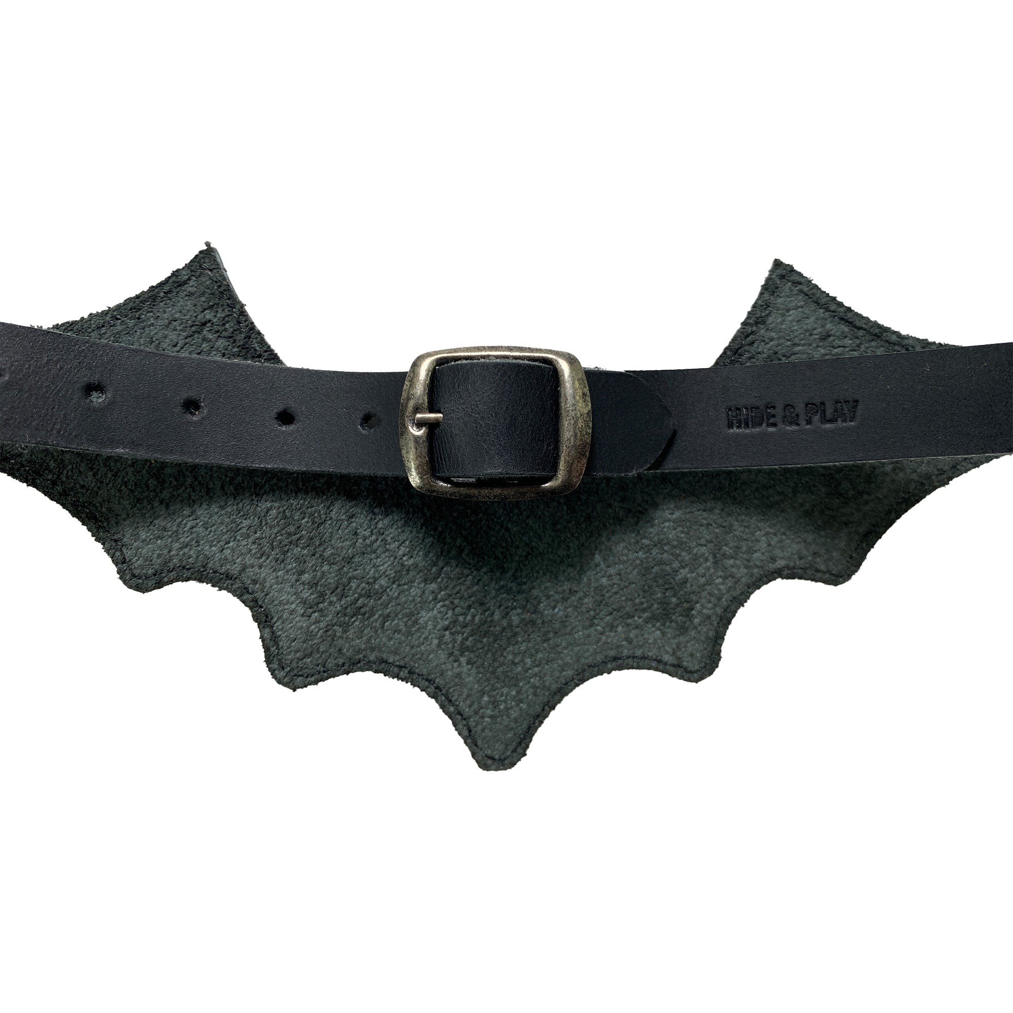 Detailed view of the underside of the Bat-man Choker by Hide & Play, showcasing the quality of the leather and buckle. This Bat Choker is a unique, handmade accessory, highlighting its full grain leather craftsmanship in La Antigua Guatemala.