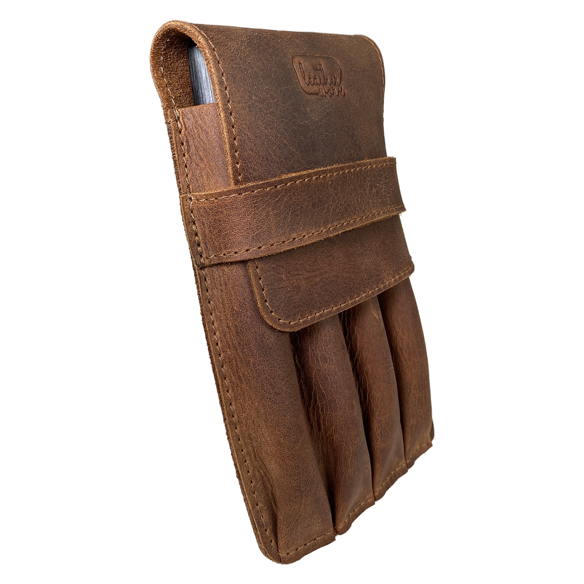 Side angle of the Leather Worx 4-Pen Holder in traditional brown full grain leather, highlighting its minimalist design and durability. This handmade pencil case combines classic storage with small batch production and artisan techniques, featuring fire branding and hand sewing, proudly made in La Antigua Guatemala.