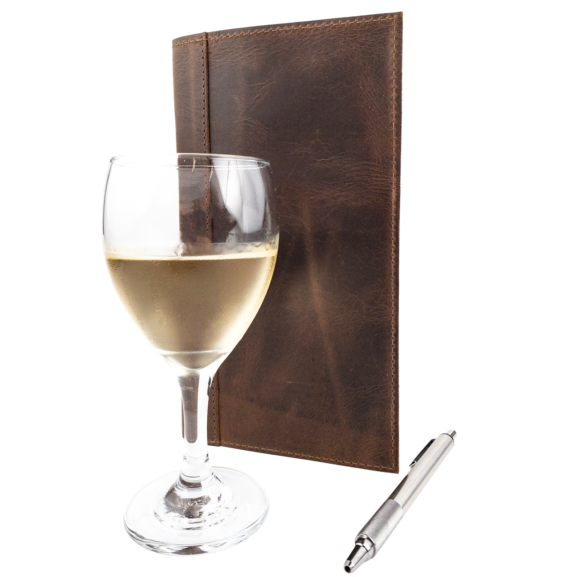 Elegant presentation of the Fancy Check Presenter by Hide & Drink next to a glass of white wine, showcasing its handcrafted Full Grain Leather design. Ideal for restaurant and cafe environments, this product is an artisan creation from La Antigua Guatemala.
