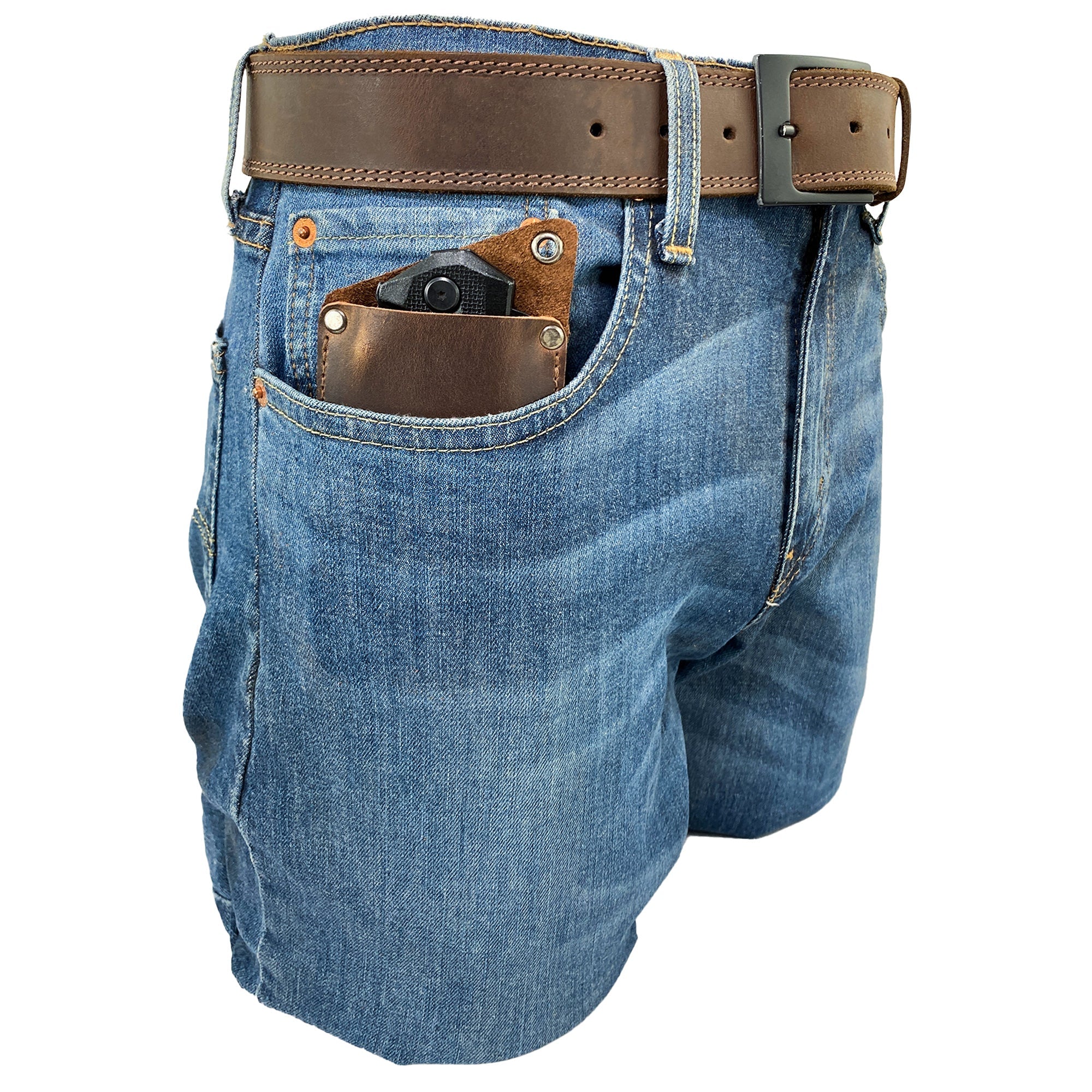Valhalla Gear EDC Knife Sheath shown in a pocket of jeans, made from full grain leather and designed as a rectangular knife sheath. This vertical holster is a convenient multitool holder that enhances your camping and outdoor accessories. Artisan crafted in La Antigua Guatemala, featuring hand cut, hand sewn quality.