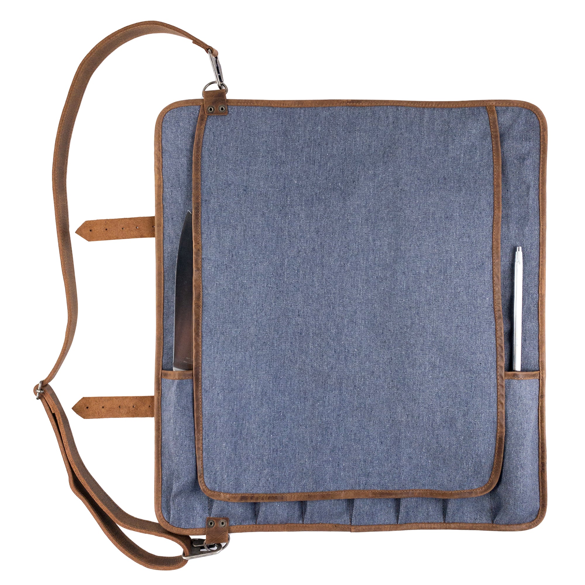 Close-up of leather details on Hide & Drink Knife Roll With Water Resistant Lining (8 Pockets). A luxury Chef's Knife Roll Bag (8 Pockets) serving as a stylish portable knife organizer and cooking accessory.