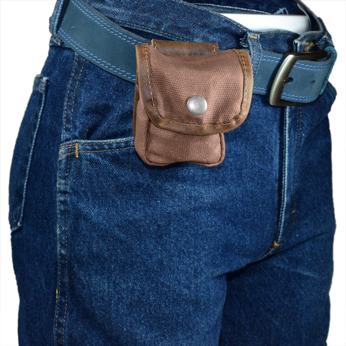Hide & Drink's Mini Belt Pouch displayed on a belt, practical for outdoor adventures. This utility pouch is perfect for camping, made from durable water-resistant waxed canvas, exemplifying stockyardX small batch production and the artisanal quality of hand-cut and hand-sewn craftsmanship from La Antigua Guatemala & Oaxaca Mexico.