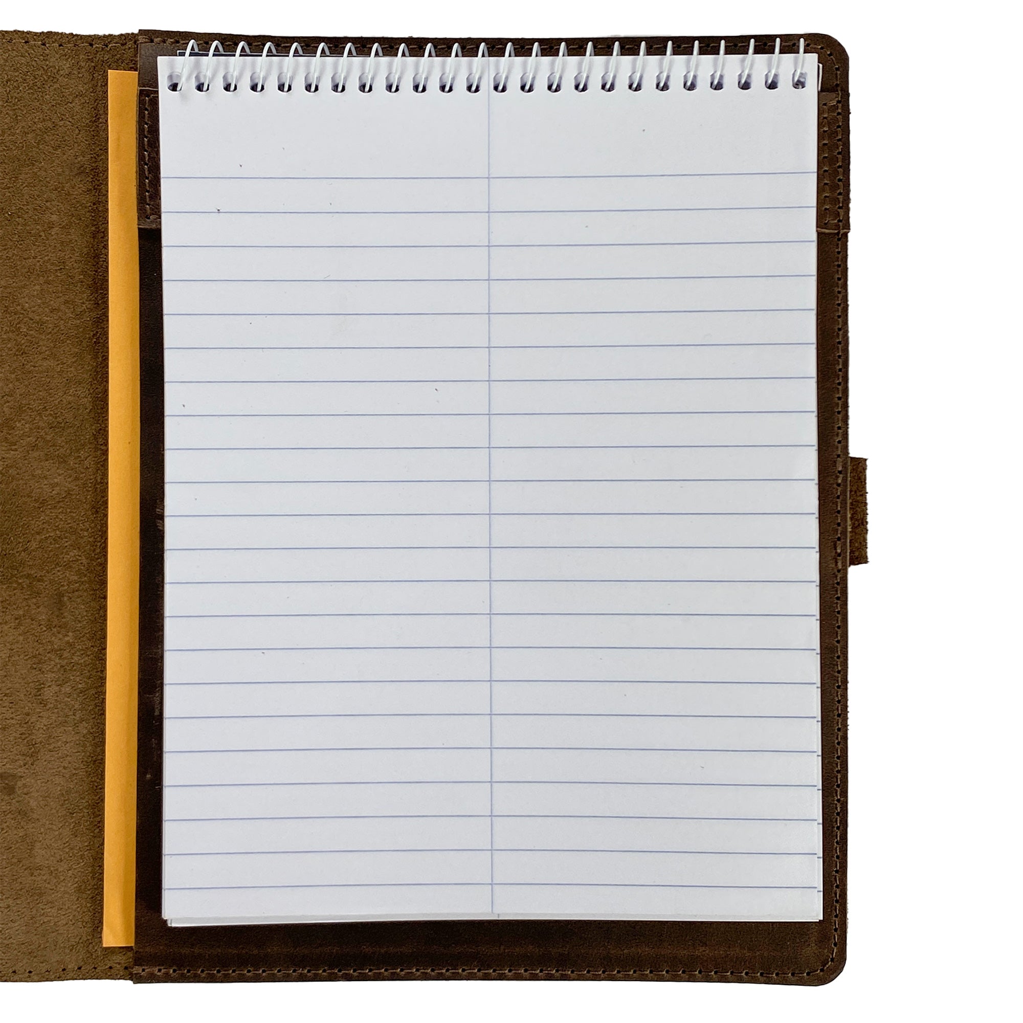 Blank notepad inside the Leather Worx Notepad Cover, highlighting the sleek design and high-quality stitching. This Notepad Cover is crafted from full grain leather for durability and style, a perfect example of artisan craftsmanship from La Antigua Guatemala.