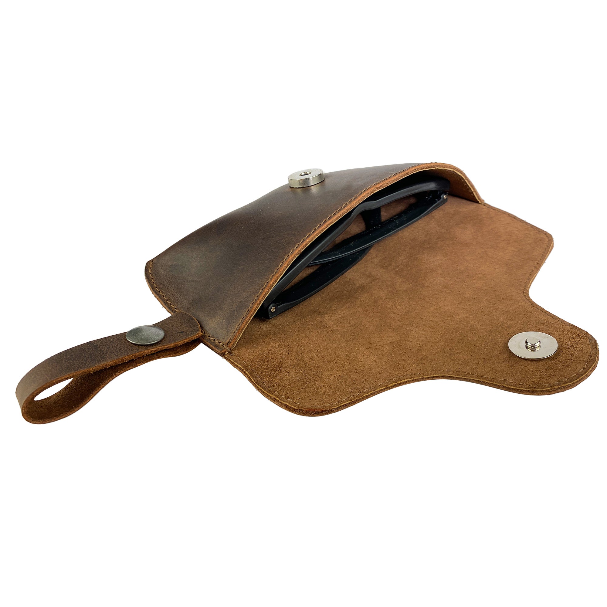 Open Eyeglasses Case with Strap from Hide & Drink, highlighting the spacious design for sunglasses. Crafted from full grain leather, this durable protector is an embodiment of artisanal skills and handmade quality in La Antigua Guatemala & Oaxaca Mexico.