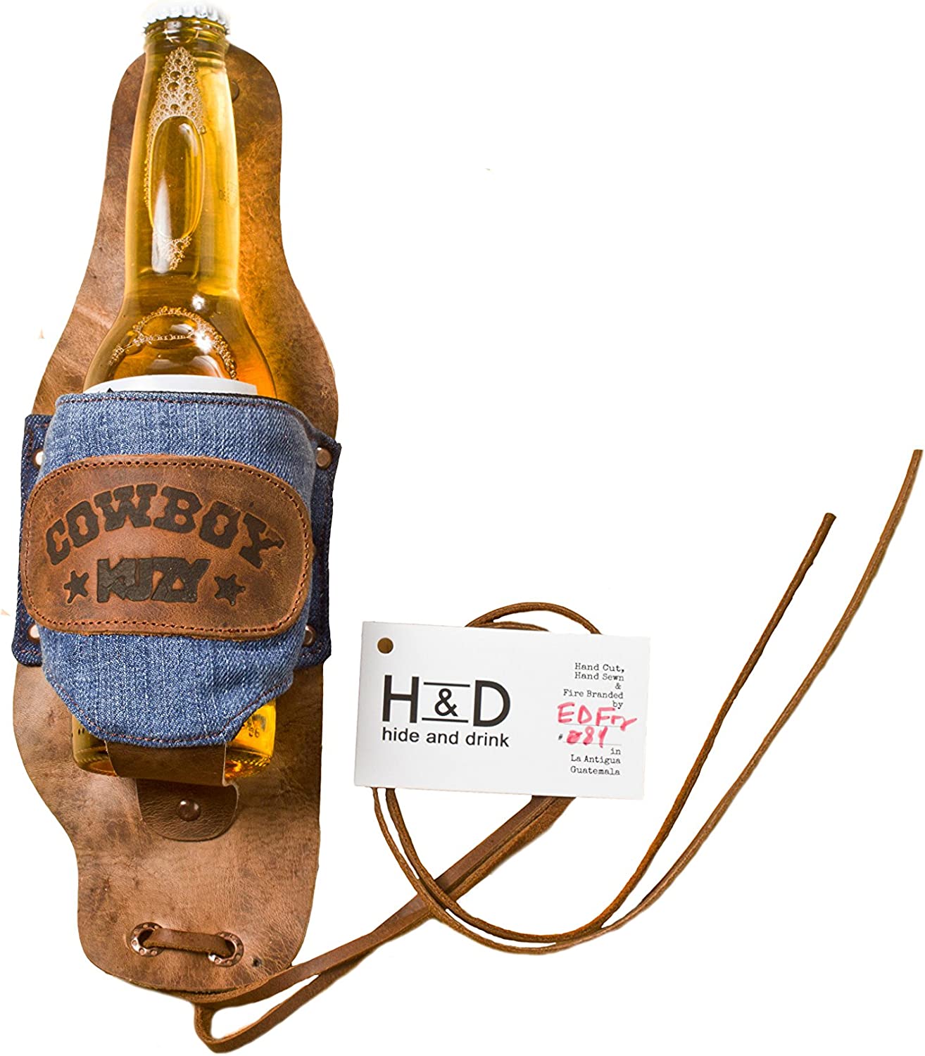 Hide & Drink Beer Holster Cowboy Buzy, the ideal Beer Holster for Cowboy designed for hands-free drinking. This Western Bottle Leg Grip is crafted from high-quality full grain leather, showcasing the artistry of small batch production from La Antigua Guatemala.