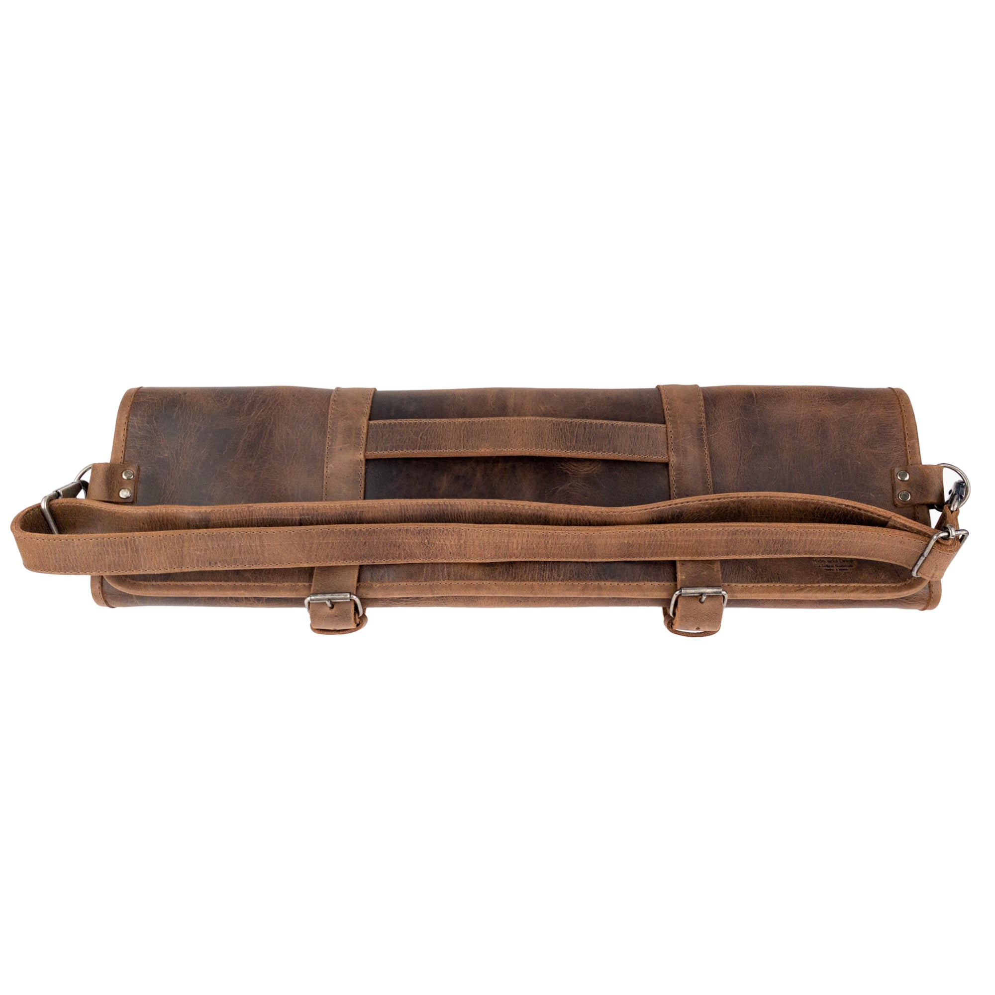 Hide & Drink Knife Roll With Water Resistant Lining (8 Pockets) shown with a measuring guide. Ideal as a Chef's Knife Roll Bag (8 Pockets), enhancing portability in knife organization for cooking.