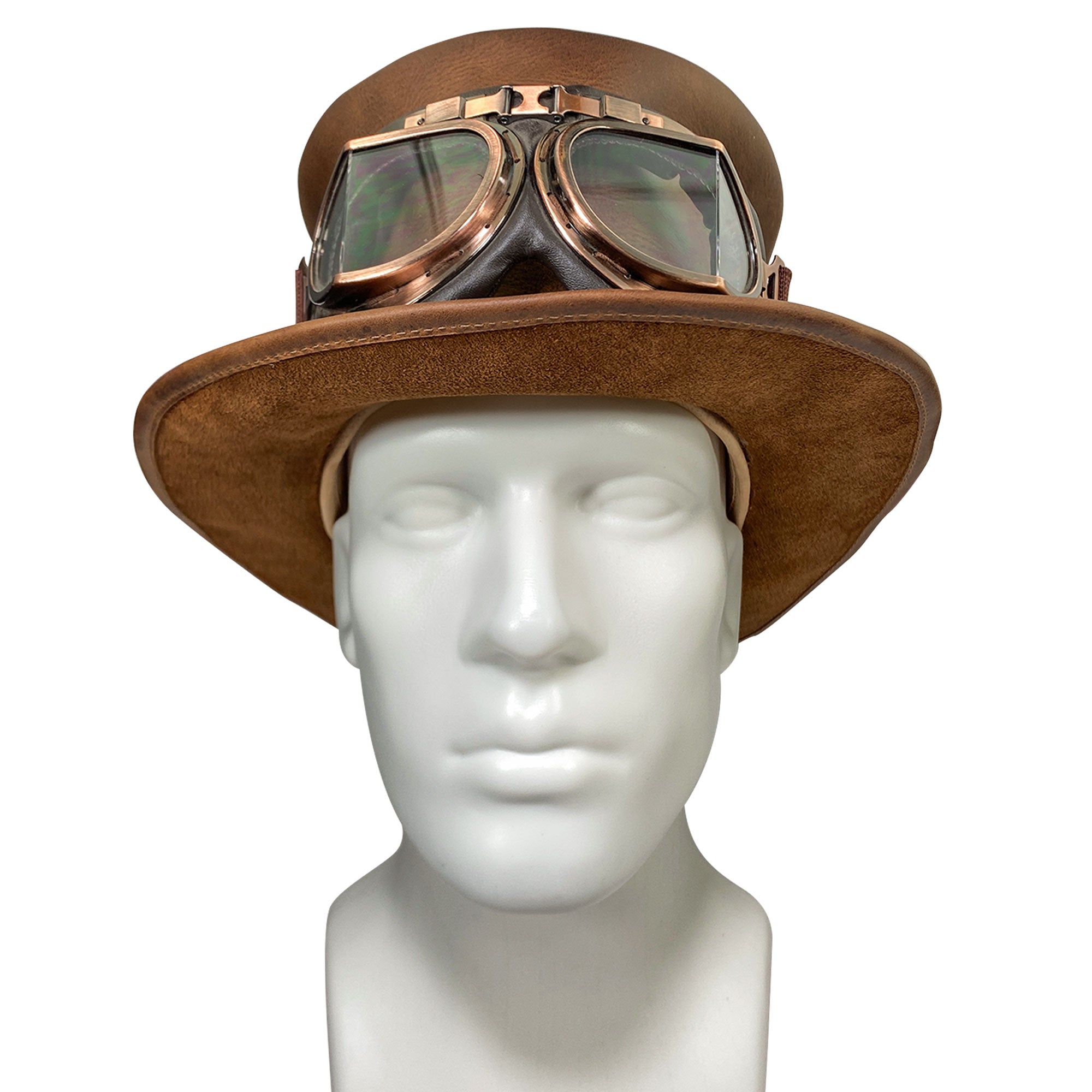 A front view of the Hide & Play Top Hat, completed with goggles on a mannequin to highlight its whimsical design. This Mad Hatter Top Hat is ideal for cosplay, Halloween, performances, films, and shows. The hat, made from full grain leather, reflects small batch production, hand cut, hand sewn craftsmanship, and fire branding by artisans in La Antigua Guatemala and Oaxaca Mexico.