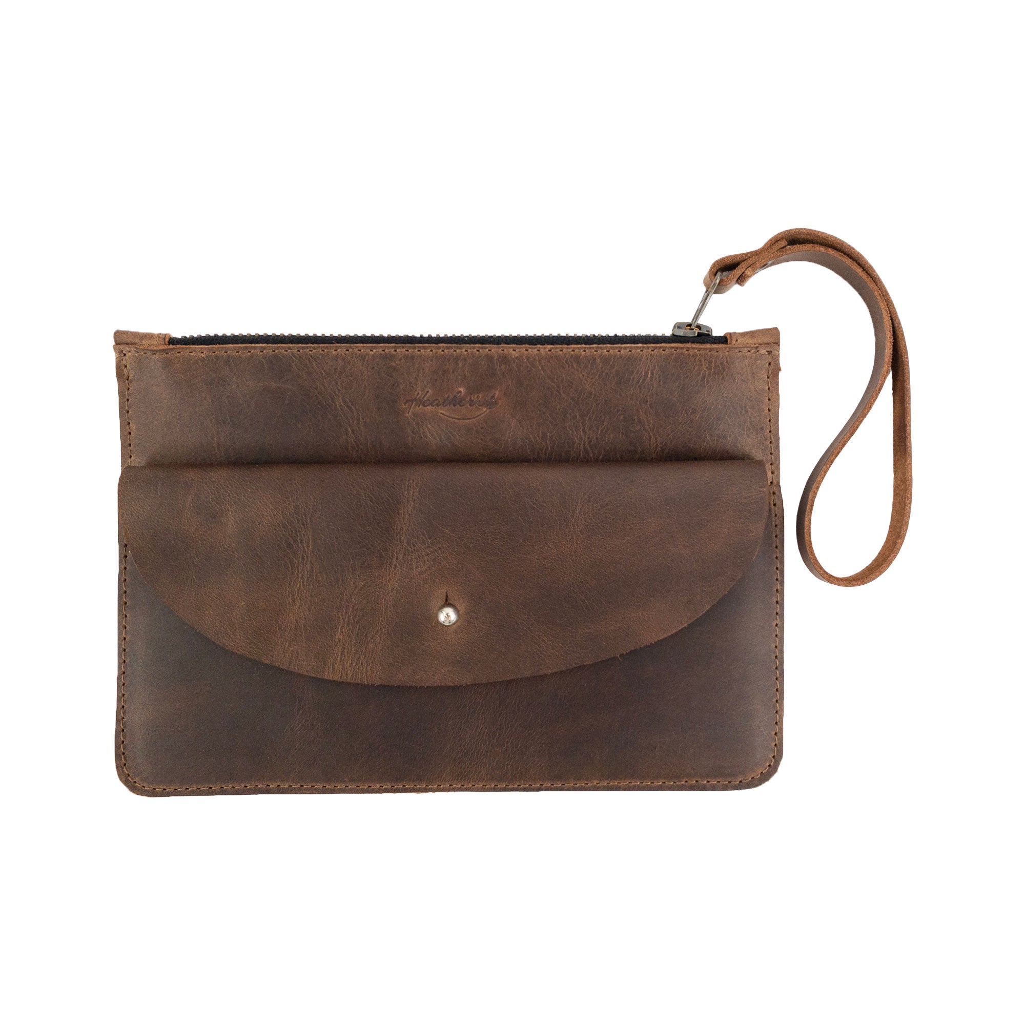 Heather's Clutch Bag with Extra Pouch made from Full Grain Leather, showcasing a stylish front view. This artisan-designed wrist wallet for cards features a unique hand-cut and hand-sewn finish, perfect for any occasion. Handmade in La Antigua Guatemala & Oaxaca Mexico, this clutch combines quality and craftsmanship.