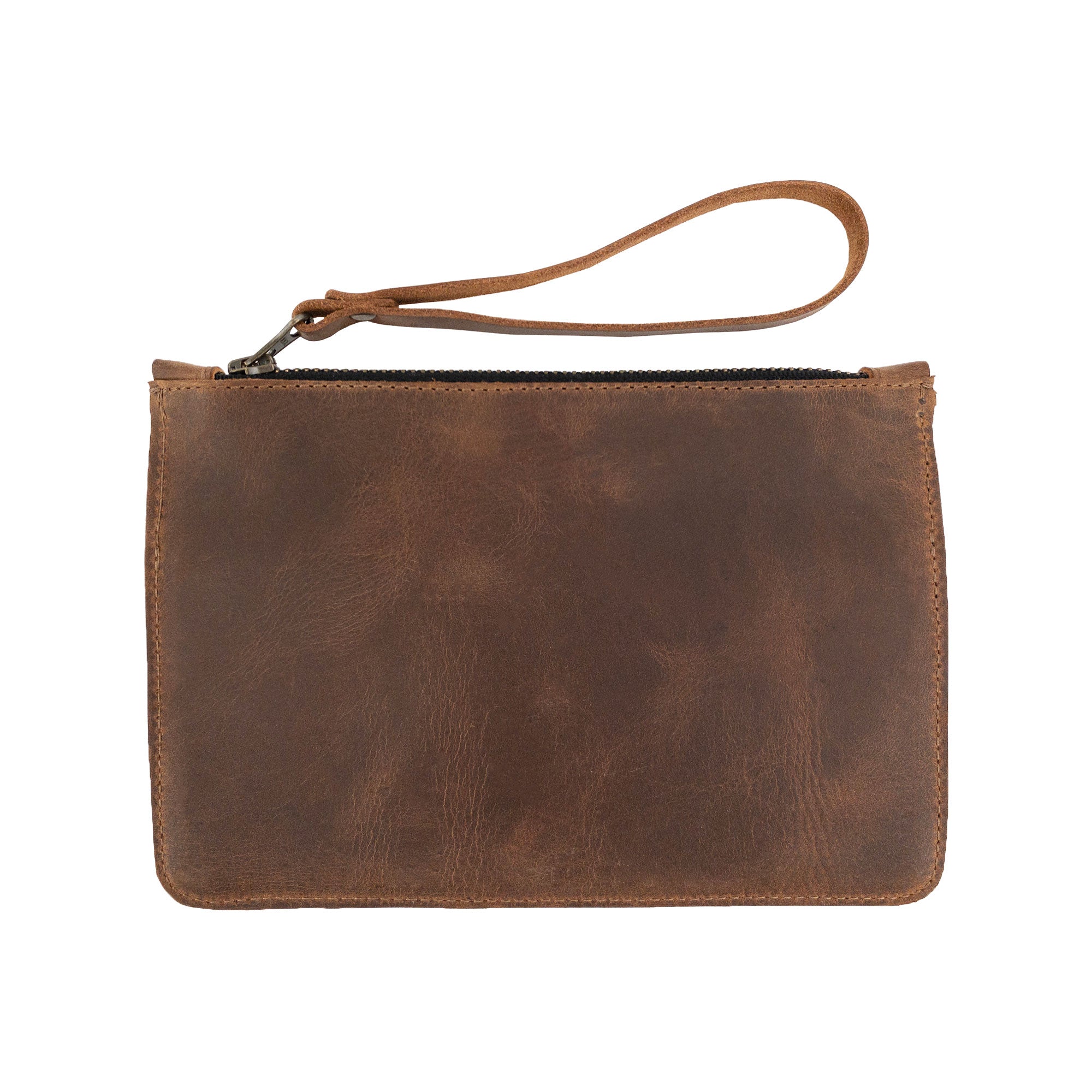 The back view of Heather's Clutch Bag with Extra Pouch, highlighting the durable Full Grain Leather construction. This wrist wallet for cards is ideal for daily use, reflecting the dedication to small batch production by skilled artisans in Guatemala.