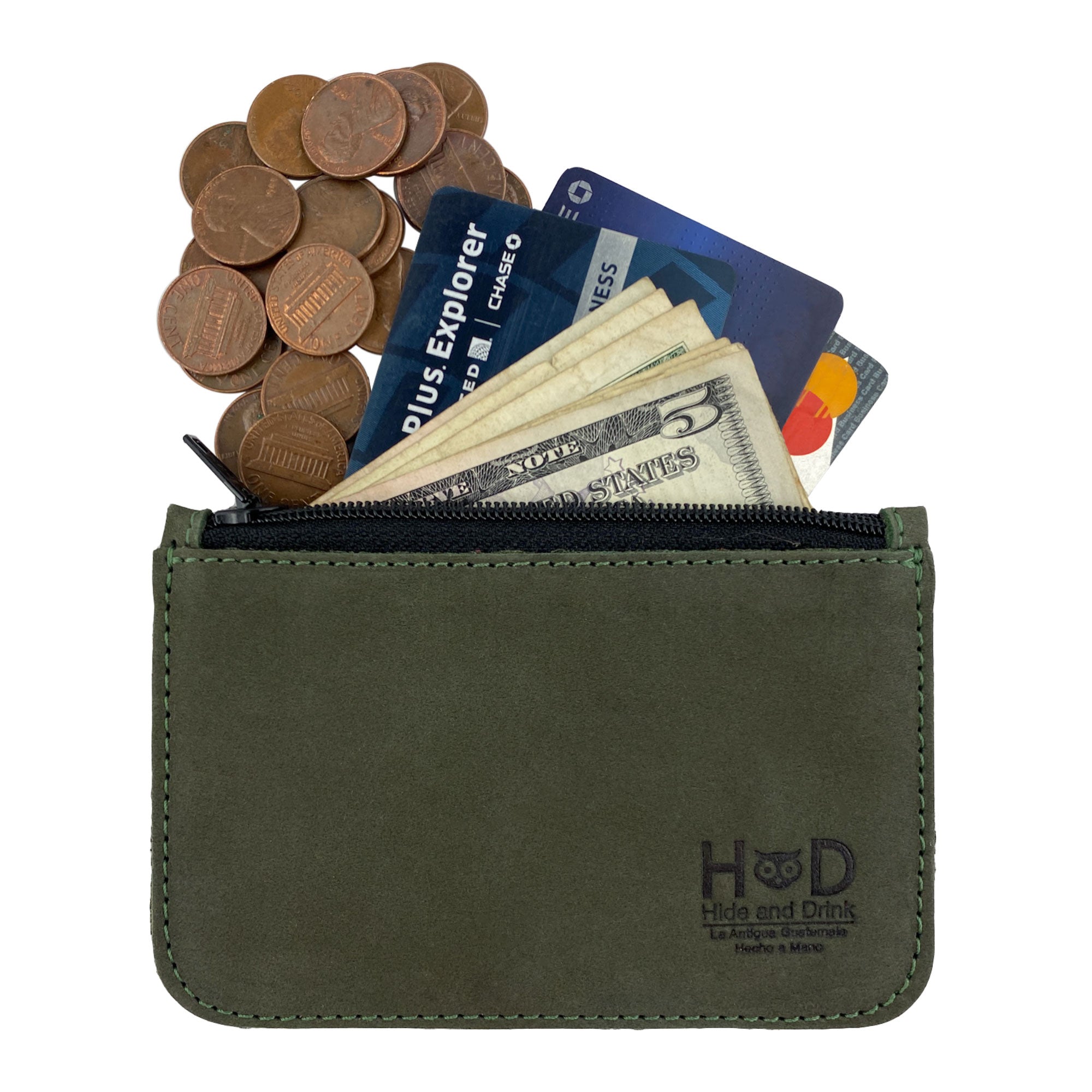 Hide & Drink Zippered Wallet displaying coins, cards, and bills, emphasizing its role as a Card Case and Folded Bills Storage. This artisan-crafted wallet is a perfect blend of functionality and style.