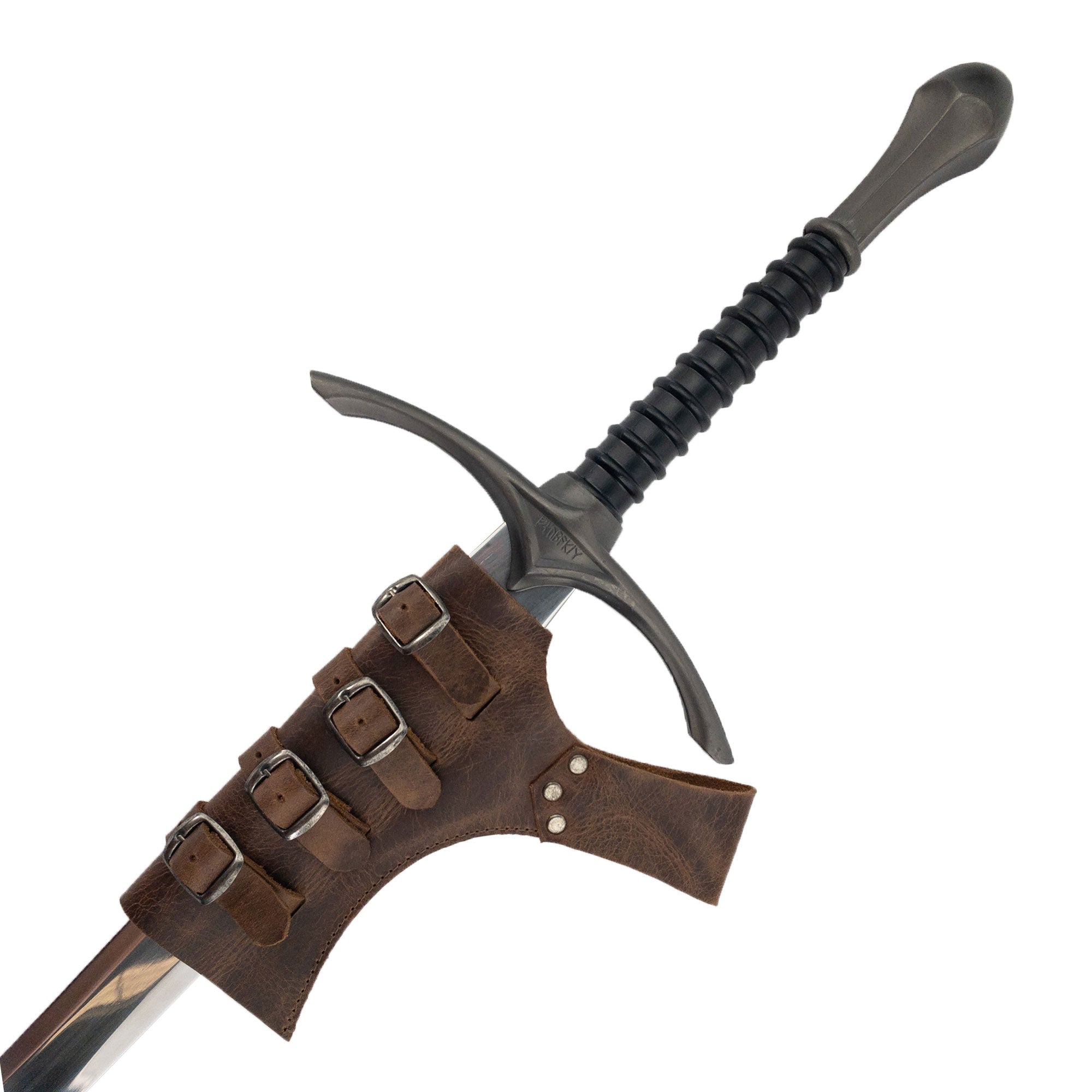 The Sword Frog Leather Holder by Hide & Play presented with a sword, emphasizing its unique design. This medieval sword holder crafted from full grain leather is ideal for cosplay or costume use, showcasing the quality of artisan techniques with small batch production in La Antigua Guatemala & Oaxaca Mexico.