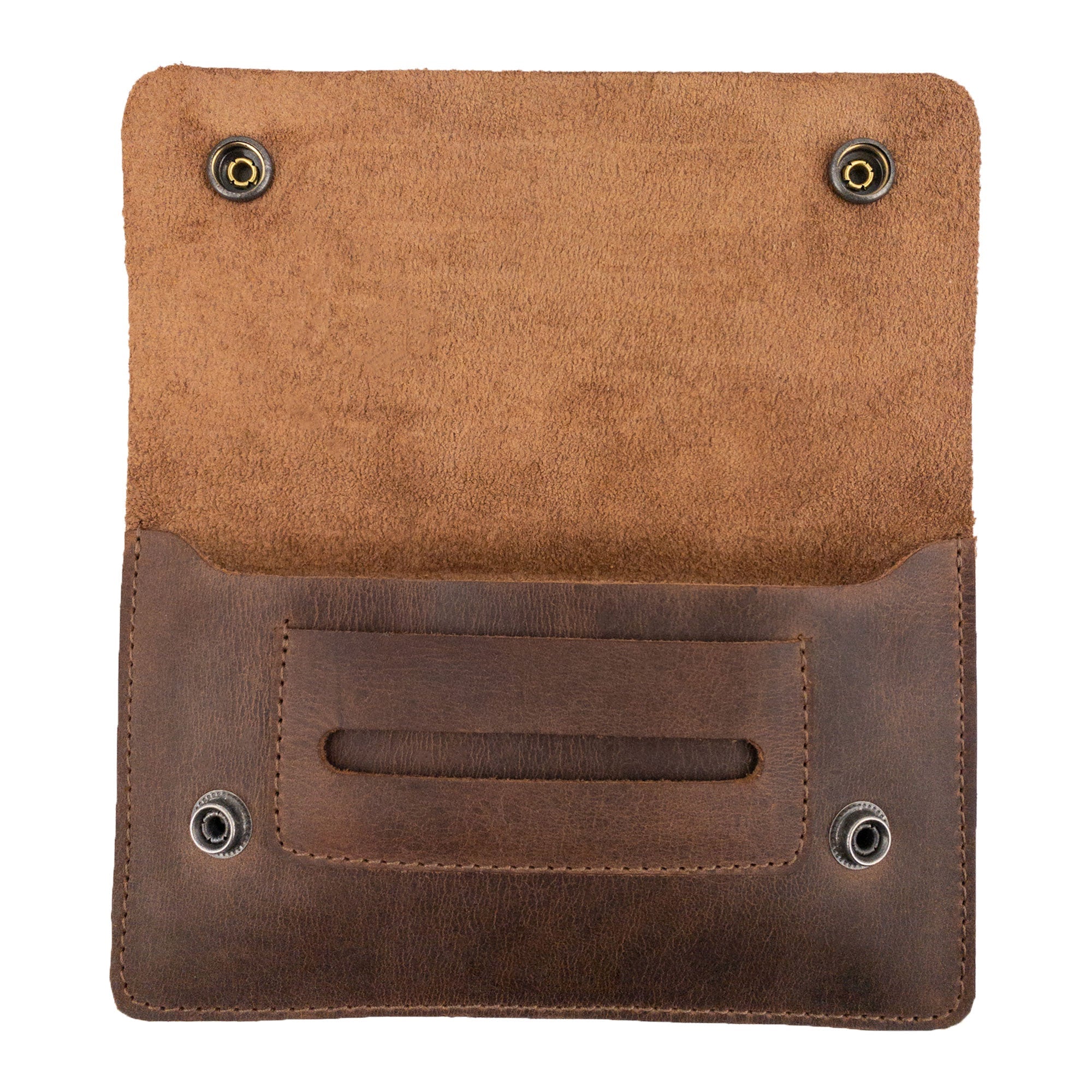 Inside view of the Double Snap Tobacco Pouch by Hide & Drink, revealing the spacious compartment lined with soft suede. This classic style smoking case is crafted from full grain leather and designed for travel accessories. Hand cut and sewn, it's an artisan piece made with pride in Oaxaca Mexico.