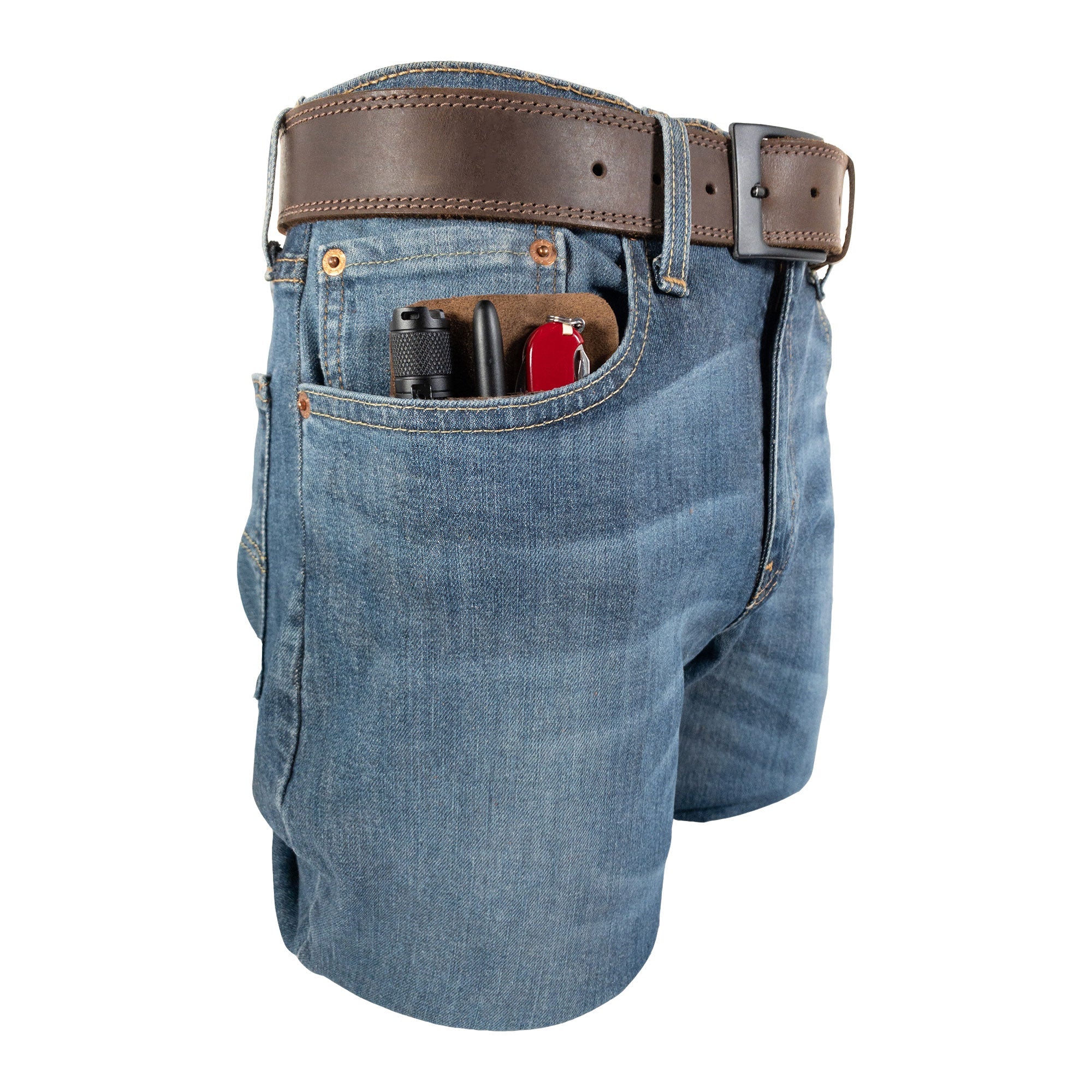 Illustration of Compact EDC Tool Holster from Valhalla Gear in a shorts pocket, representing its convenience. This artisan-made full grain leather pocket case is designed for everyday carry, acting as an ideal rustic sleeve for tools.