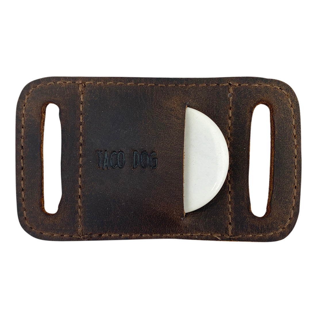 Another angle of the Rustic AirTag Sleeve for Dog Collar 1.25" Wide by Taco Dog, showcasing the AirTag holder functionality. This stylish sleeve is designed to easily slide onto collars while providing a high-quality, artisan feel with full grain leather from La Antigua Guatemala.