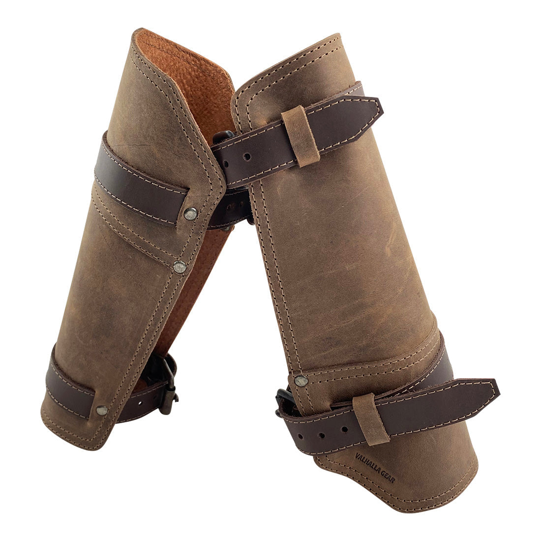 Valhalla Gear Vambrace Bracer - 2 pack presented together, emphasizing the unique leather textures and adjustable buckles of these Viking style hand protectors. Celebrating artisan workmanship, this medieval armband is handcrafted in La Antigua Guatemala & Oaxaca Mexico.