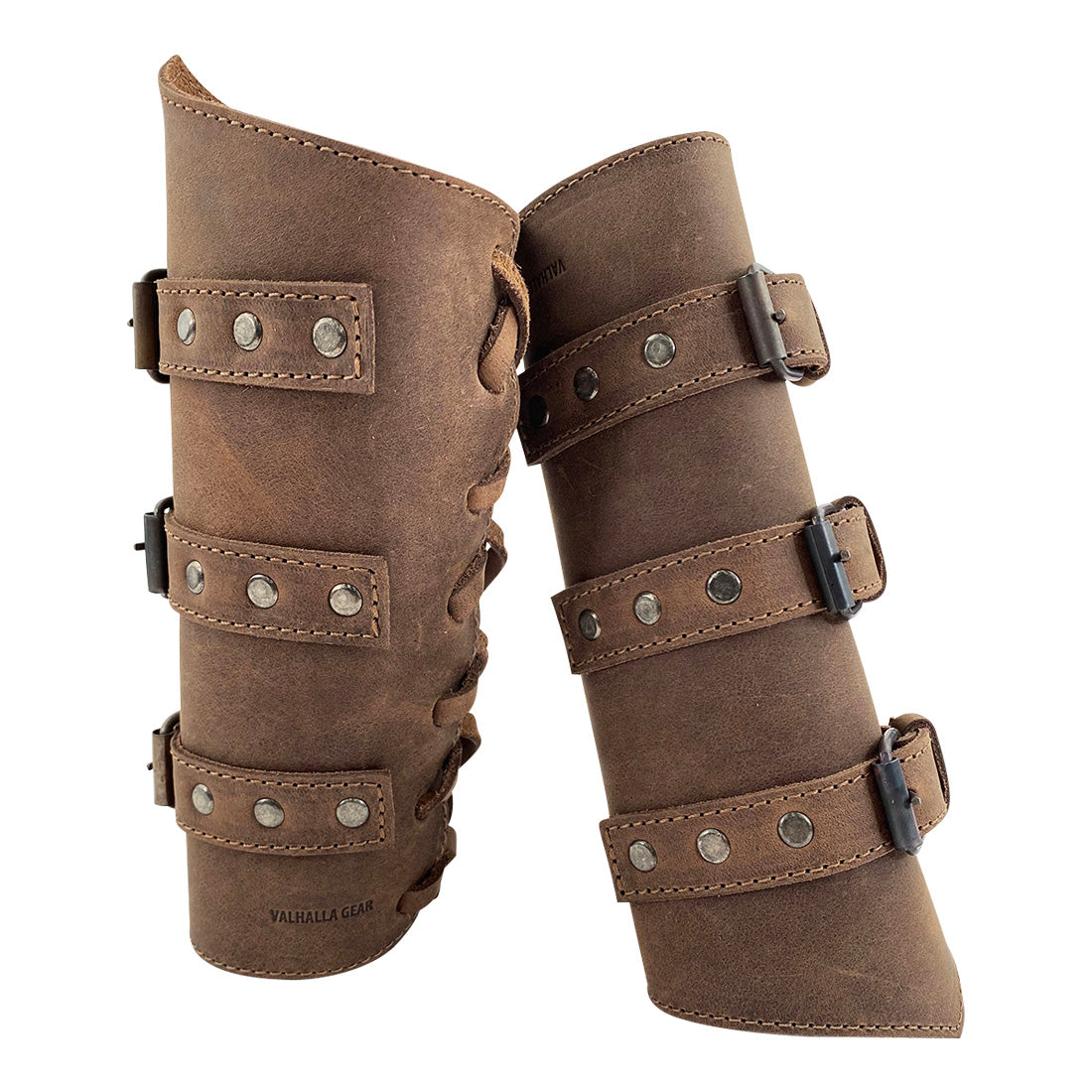 Two Valhalla Gear Set of 2 Archery Buckle Bracers displayed side by side, showcasing symmetrical design and craftsmanship. These armbands are ideal hand protectors for bow shooting practice, featuring artisan hand-stitched details and durable leather.