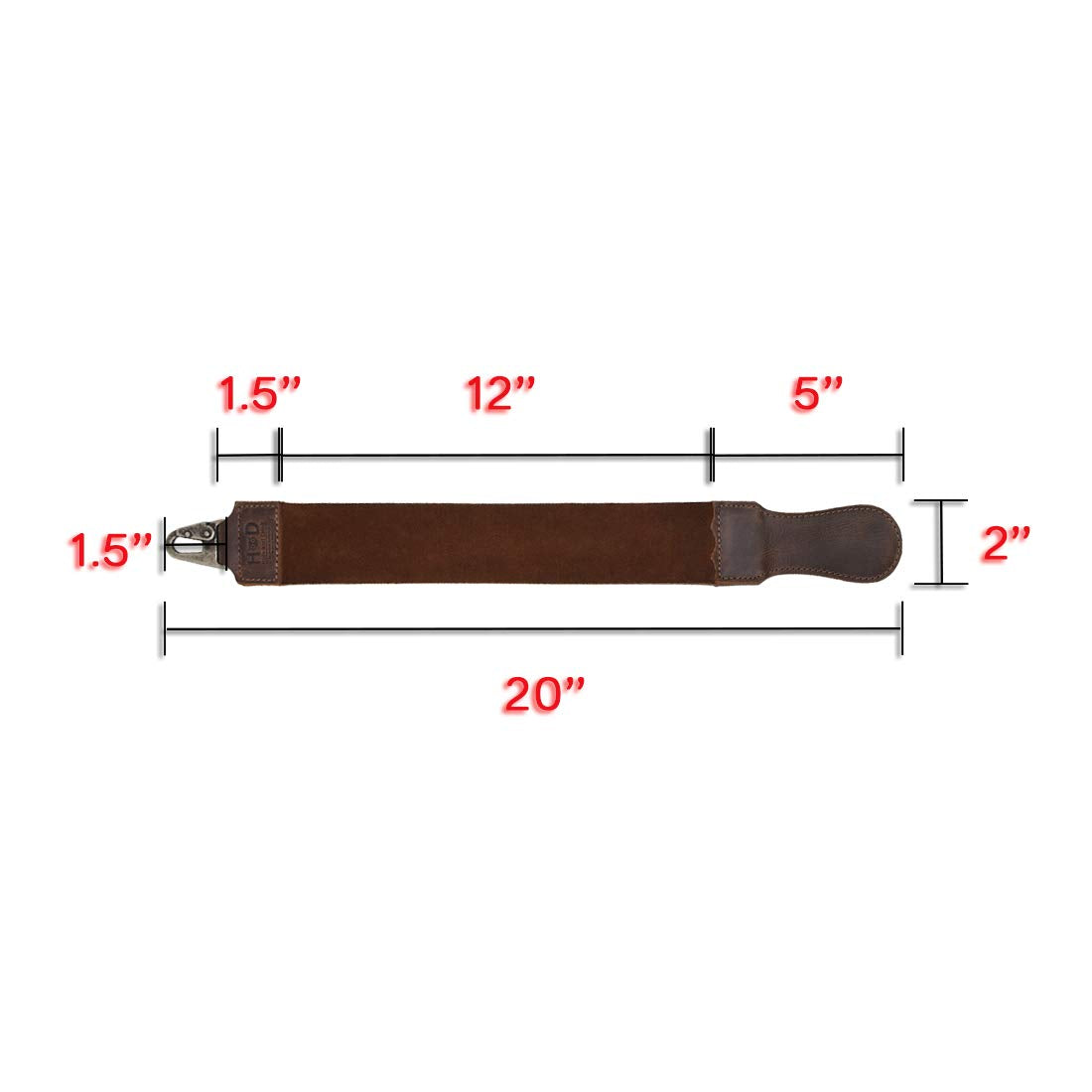 The dimension specifications for Hide & Drink's Barber Strop, a Full Grain Leather shaving sharpener. This essential tool, also known as a Razor Strop, highlights the artisan approach of small batch production in La Antigua Guatemala.