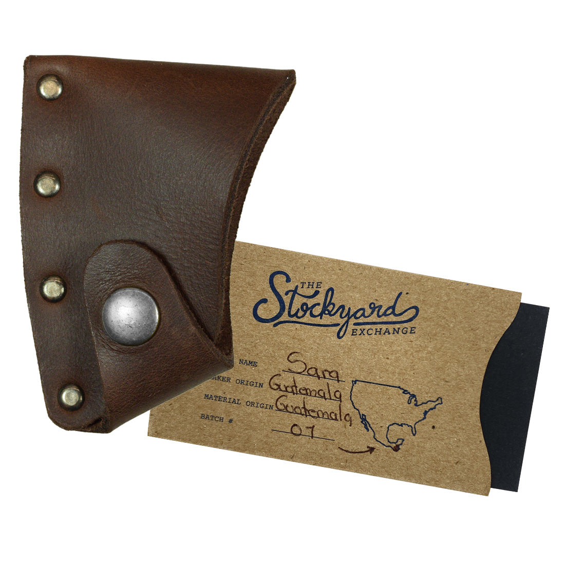 Detailed look at the Hatchet Blade Cover by Hide & Drink, presenting a stylish yet protective axe head sheath made from high-quality full grain leather. This artisan piece is a favorite among camping and outdoor essentials, proudly handmade in La Antigua Guatemala & Oaxaca Mexico.